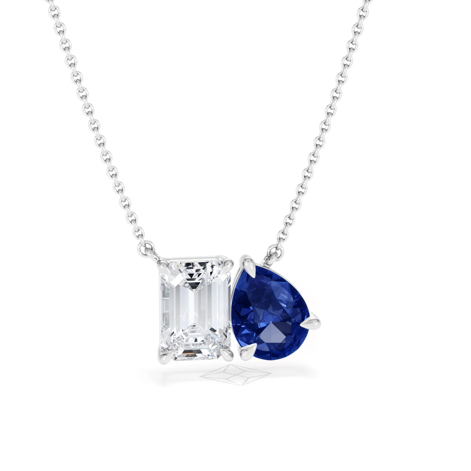 Toi Et Moi 1.50ct Emerald Cut Lab Diamond and 1.30ct Pear Lab Sapphire Necklace in 18K White Gold - Image 11
