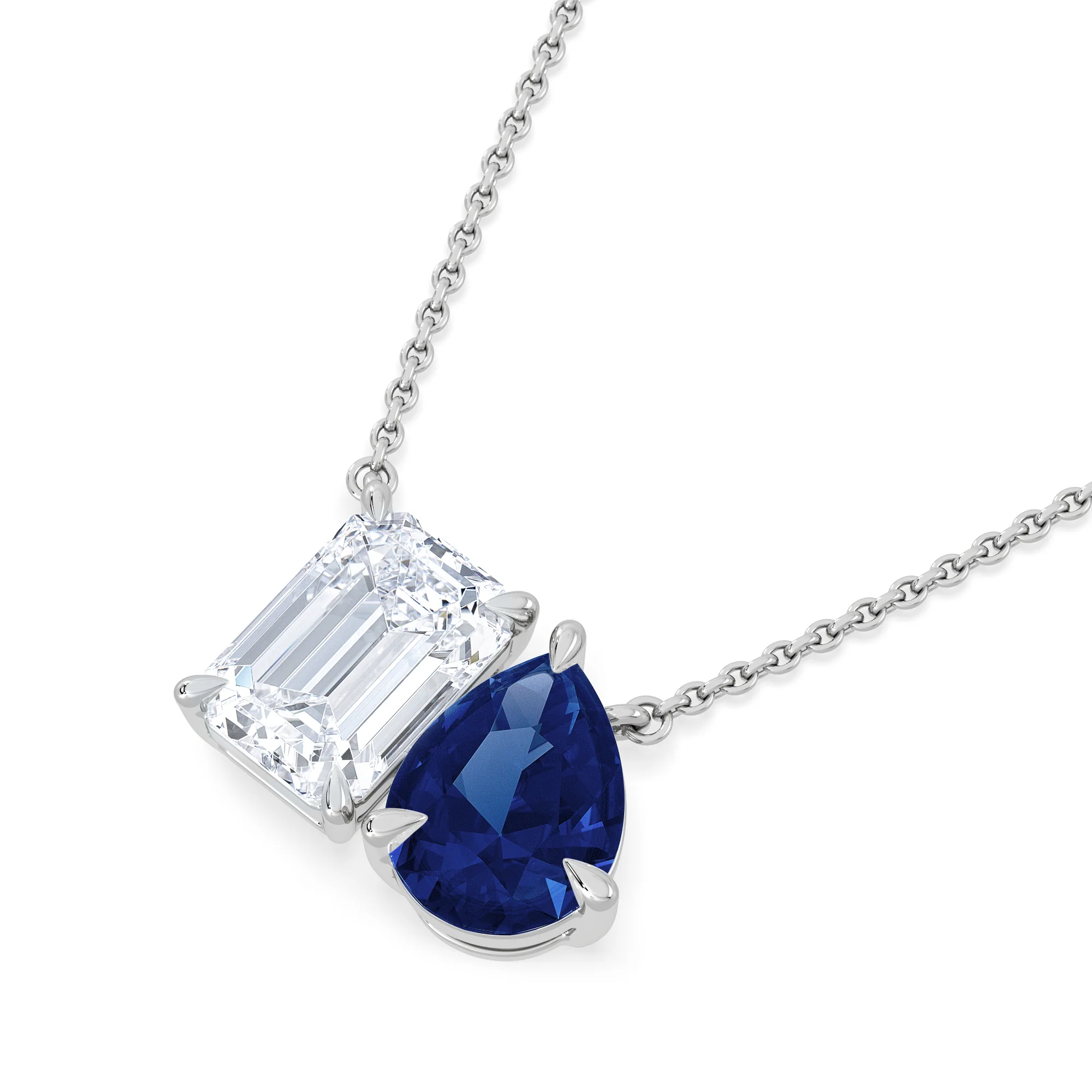 Toi Et Moi 1.50ct Emerald Cut Lab Diamond and 1.30ct Pear Lab Sapphire Necklace in 18K White Gold - Image 5