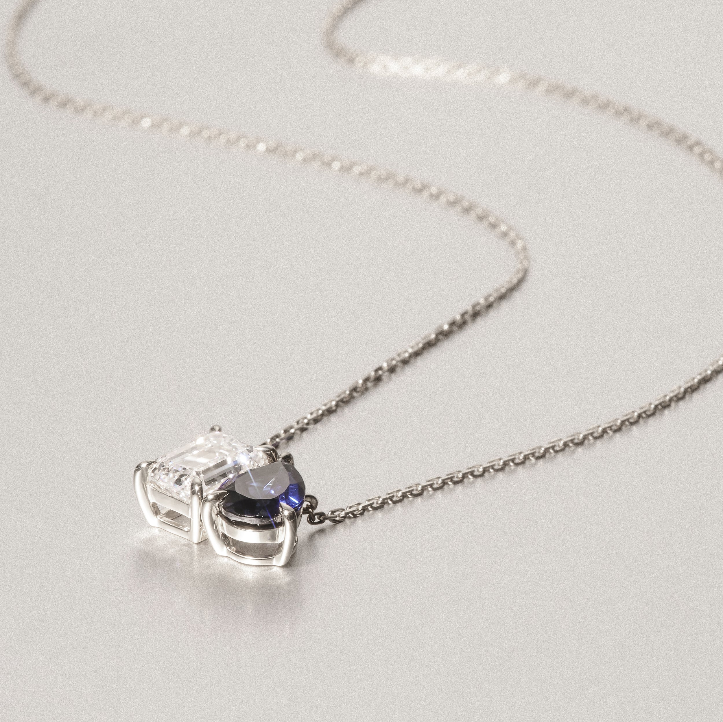 Toi Et Moi 1.50ct Emerald Cut Lab Diamond and 1.30ct Pear Lab Sapphire Necklace in 18K White Gold - Image 6