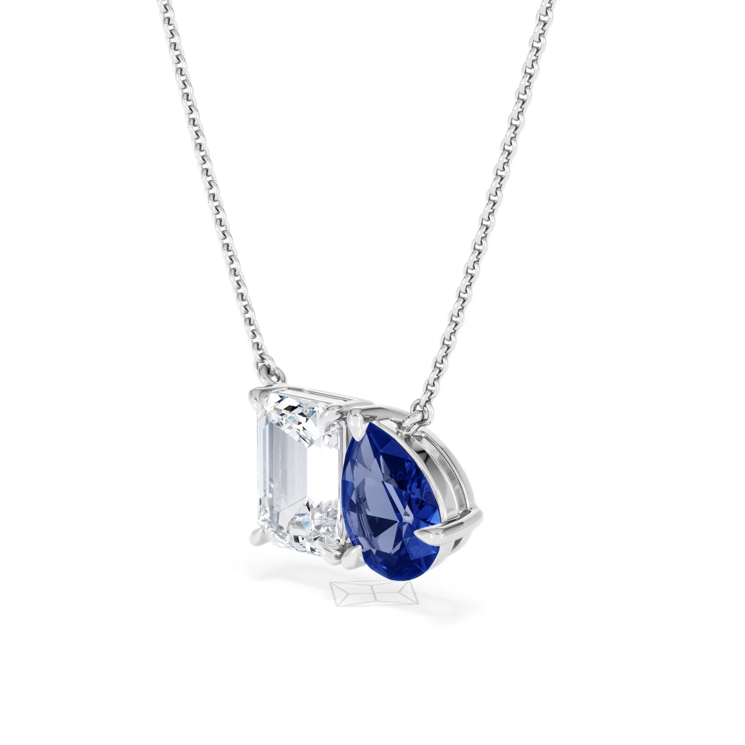 Toi Et Moi 1.50ct Emerald Cut Lab Diamond and 1.30ct Pear Lab Sapphire Necklace in 18K White Gold - Image 80