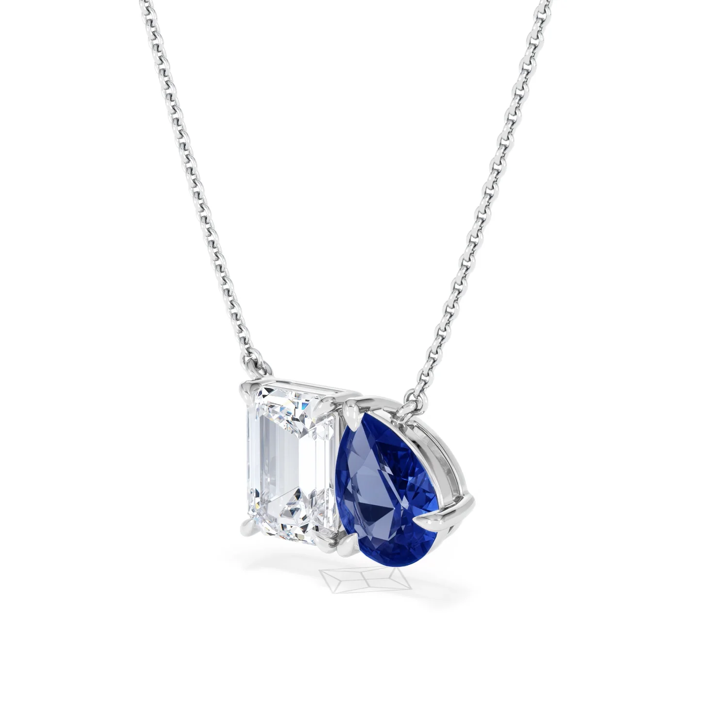 Toi Et Moi 1.50ct Emerald Cut Lab Diamond and 1.30ct Pear Lab Sapphire Necklace in 18K White Gold - Image 81