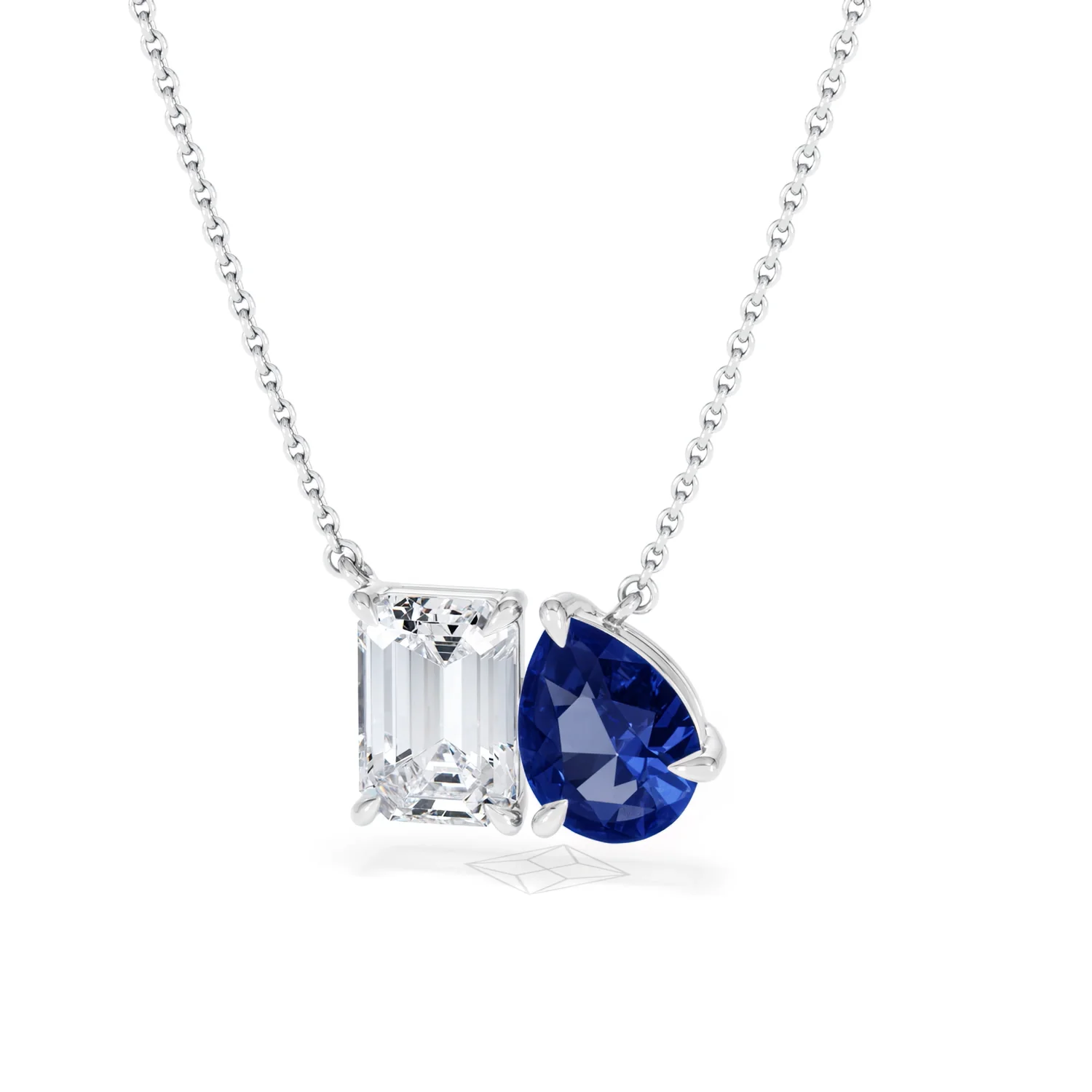 Toi Et Moi 1.50ct Emerald Cut Lab Diamond and 1.30ct Pear Lab Sapphire Necklace in 18K White Gold - Image 86