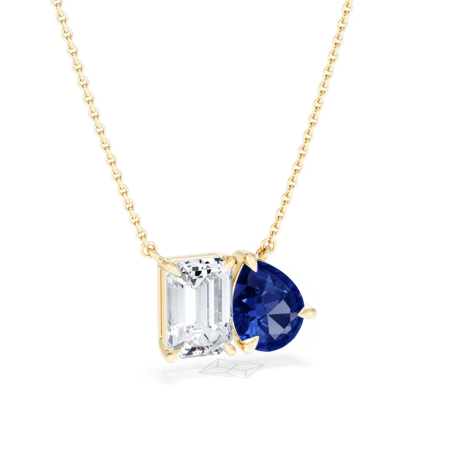 Toi Et Moi 1.50ct Emerald Cut Lab Diamond and 1.30ct Pear Lab Sapphire Necklace in 18K Yellow Gold - Image 14
