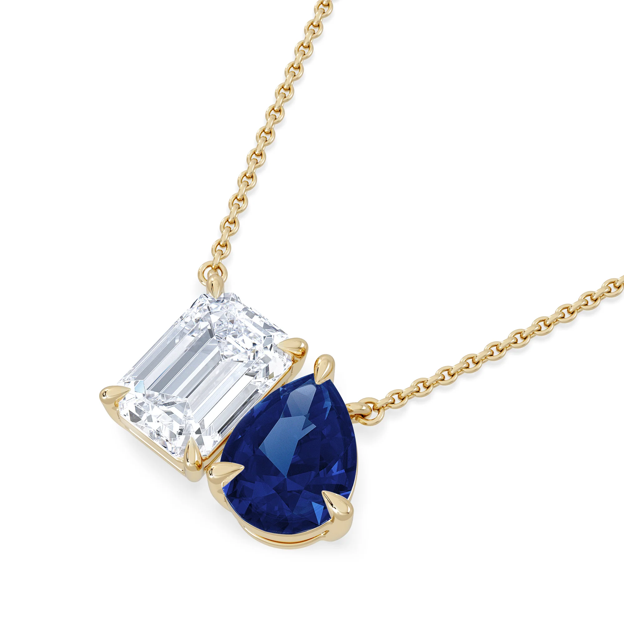 Toi Et Moi 1.50ct Emerald Cut Lab Diamond and 1.30ct Pear Lab Sapphire Necklace in 18K Yellow Gold - Image 5