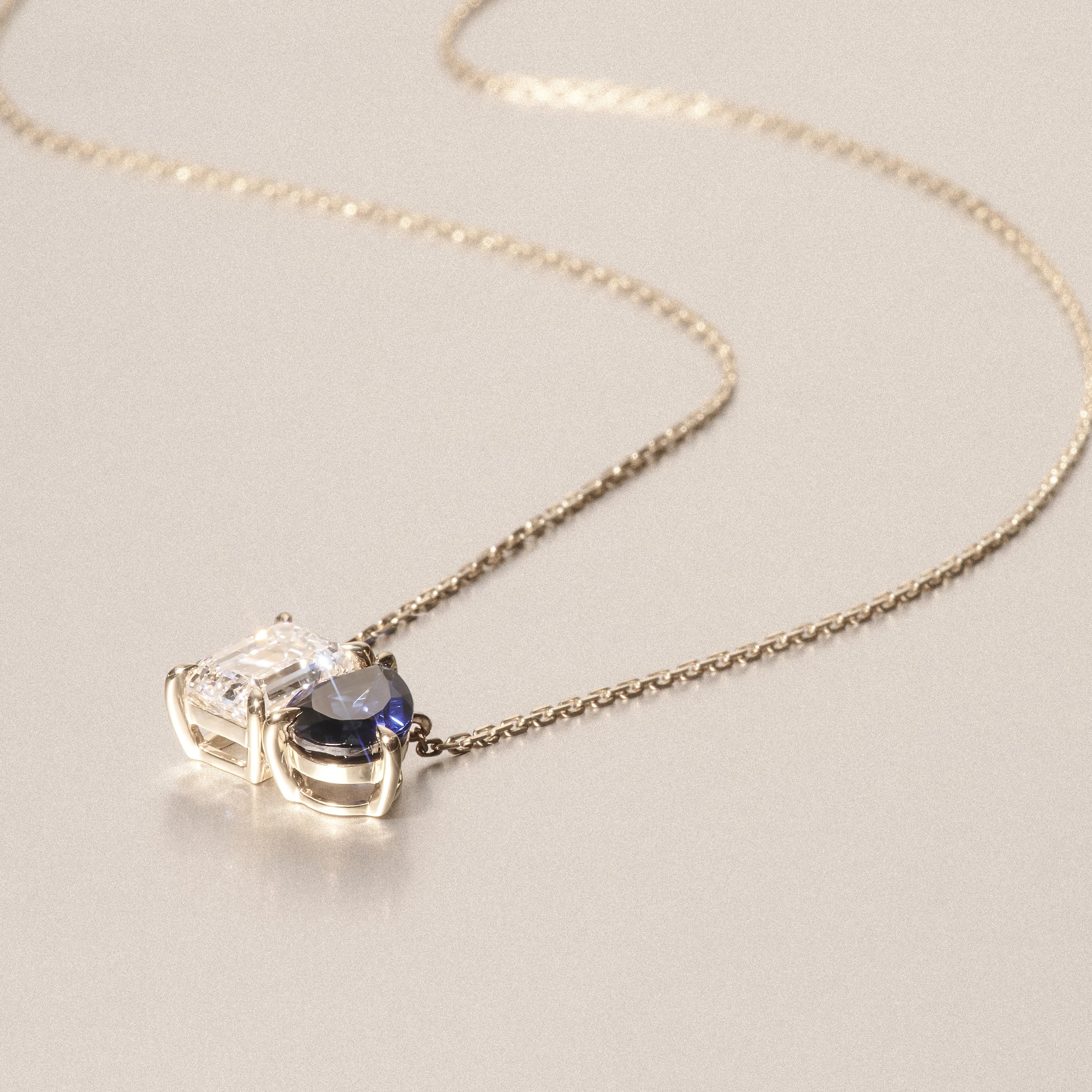 Toi Et Moi 1.50ct Emerald Cut Lab Diamond and 1.30ct Pear Lab Sapphire Necklace in 18K Yellow Gold - Image 6