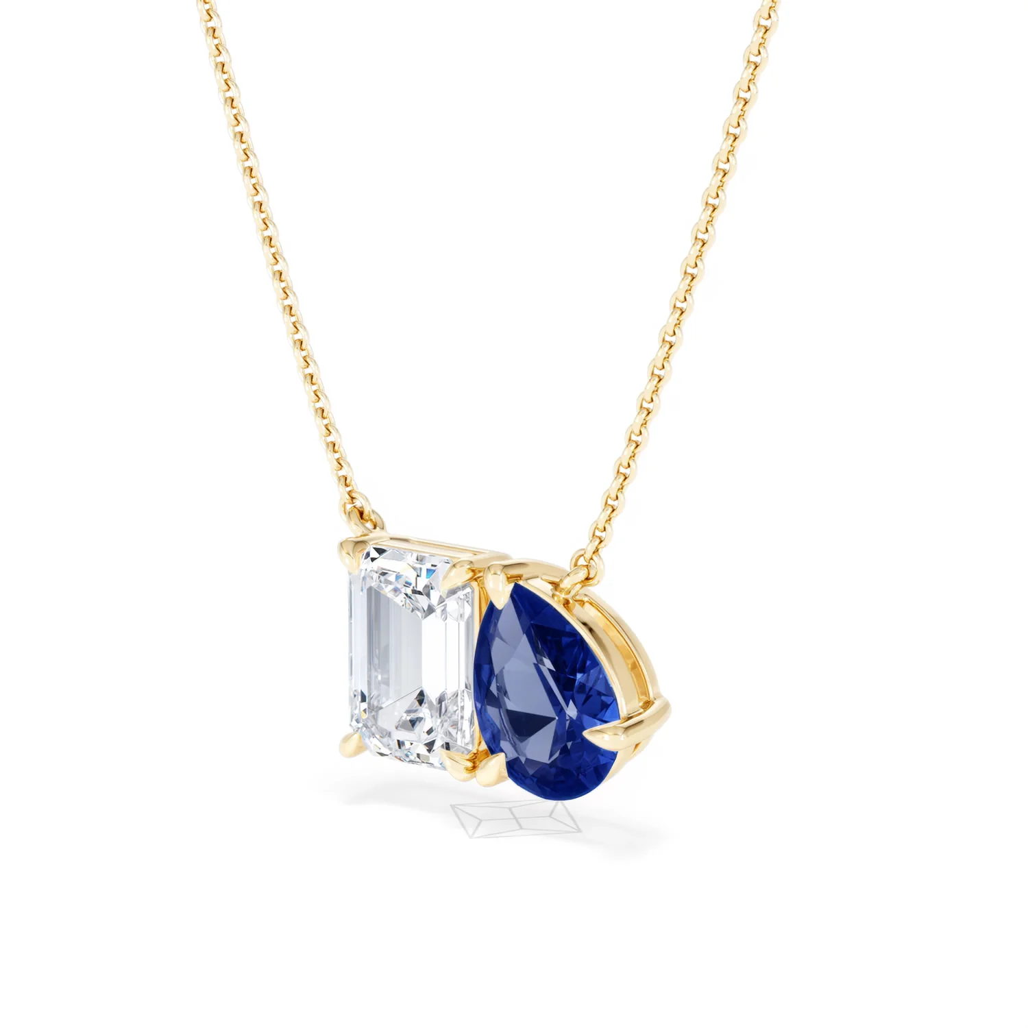 Toi Et Moi 1.50ct Emerald Cut Lab Diamond and 1.30ct Pear Lab Sapphire Necklace in 18K Yellow Gold - Image 81