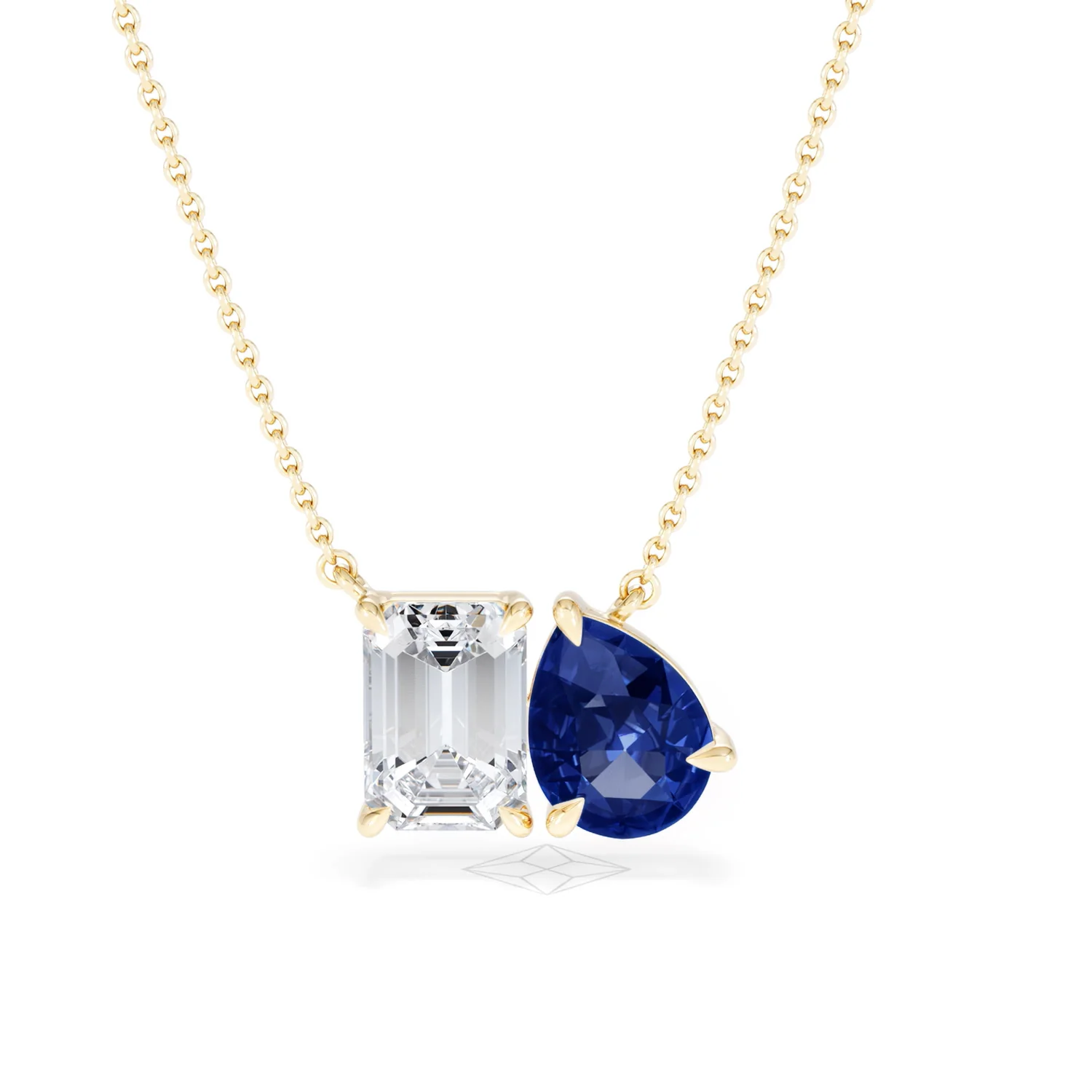 Toi Et Moi 1.50ct Emerald Cut Lab Diamond and 1.30ct Pear Lab Sapphire Necklace in 18K Yellow Gold - Image 9