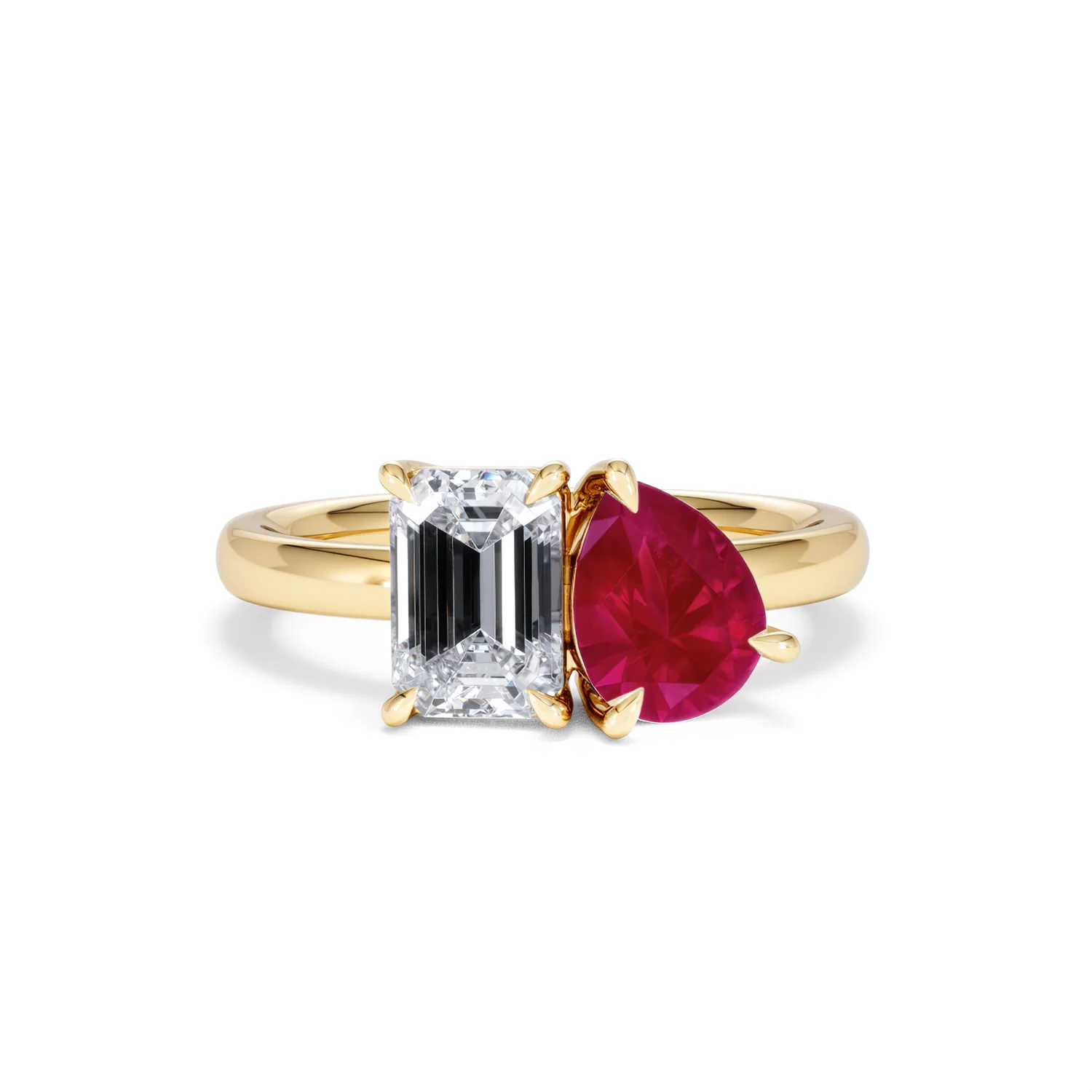 Toi Et Moi 1.50ct Emerald Cut Lab Diamond and 1.50ct Pear Lab Ruby Engagement Ring in 18K Yellow Gold - Image 10