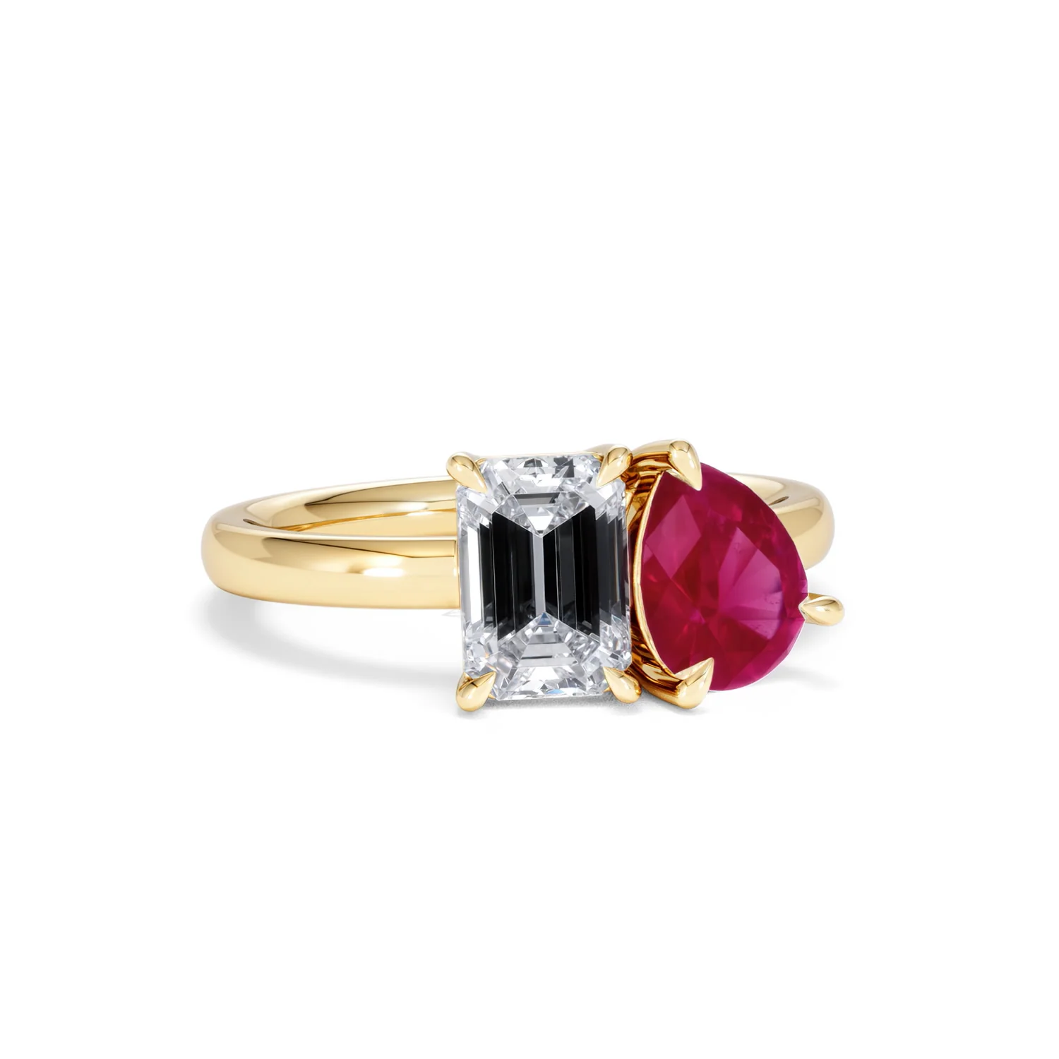 Toi Et Moi 1.50ct Emerald Cut Lab Diamond and 1.50ct Pear Lab Ruby Engagement Ring in 18K Yellow Gold - Image 13