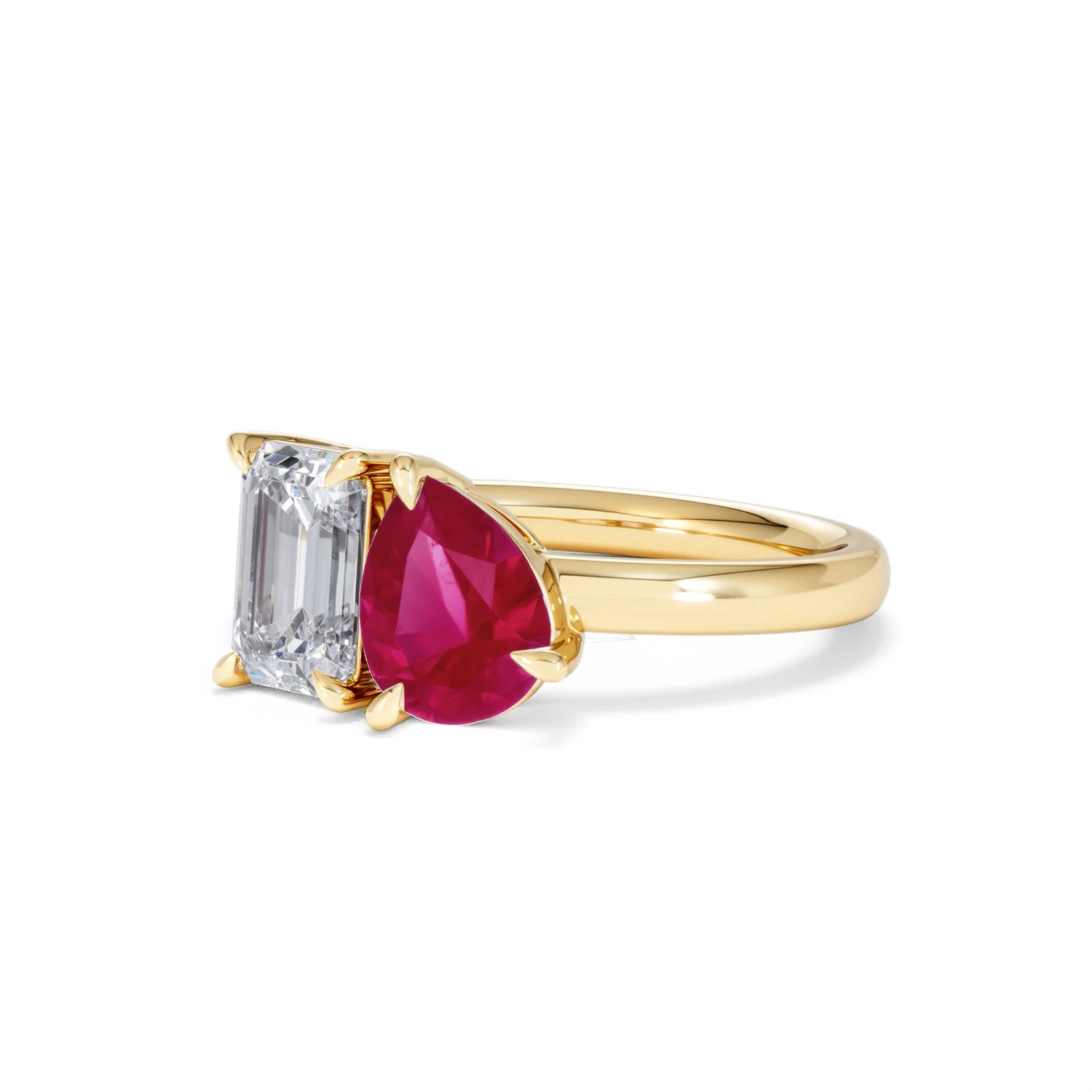 Toi Et Moi 1.50ct Emerald Cut Lab Diamond and 1.50ct Pear Lab Ruby Engagement Ring in 18K Yellow Gold - Image 82