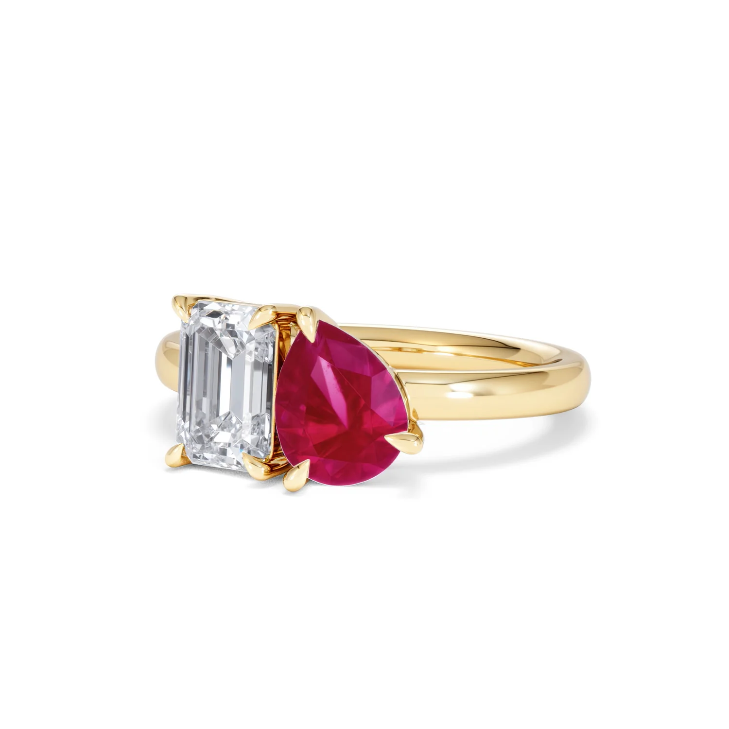 Toi Et Moi 1.50ct Emerald Cut Lab Diamond and 1.50ct Pear Lab Ruby Engagement Ring in 18K Yellow Gold - Image 84