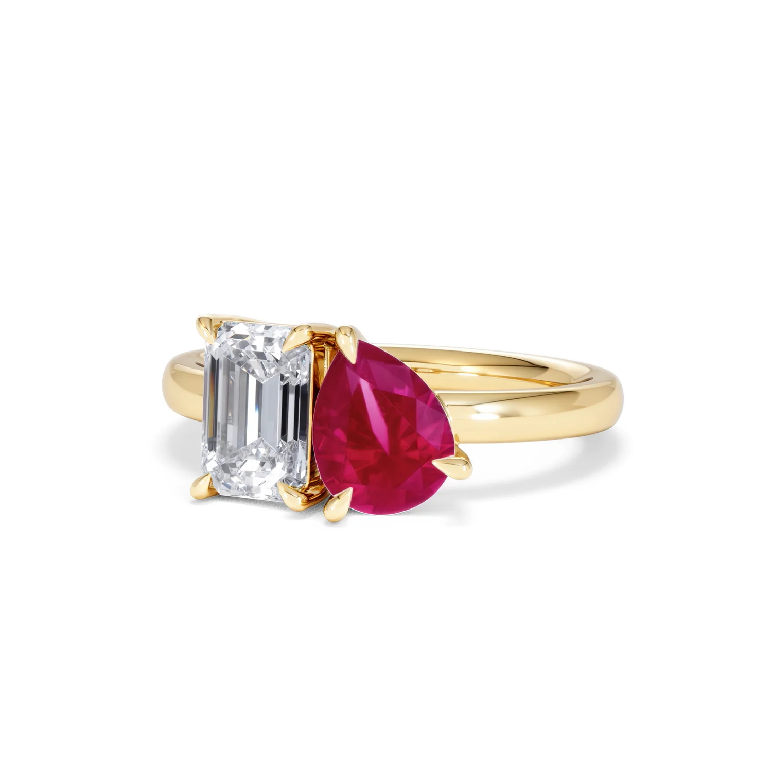 Toi Et Moi 1.50ct Emerald Cut Lab Diamond and 1.50ct Pear Lab Ruby Engagement Ring in 18K Yellow Gold - Image 85