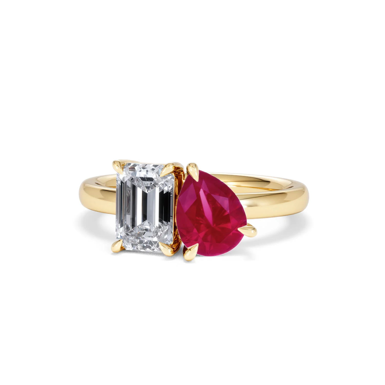 Toi Et Moi 1.50ct Emerald Cut Lab Diamond and 1.50ct Pear Lab Ruby Engagement Ring in 18K Yellow Gold - Image 87