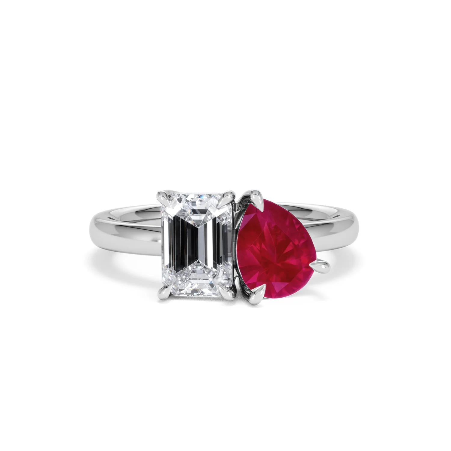Toi Et Moi 1.50ct Emerald Cut Lab Diamond and 1.50ct Pear Lab Ruby Engagement Ring in Platinum - Image 10