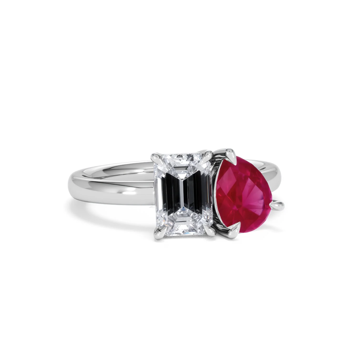 Toi Et Moi 1.50ct Emerald Cut Lab Diamond and 1.50ct Pear Lab Ruby Engagement Ring in Platinum - Image 13