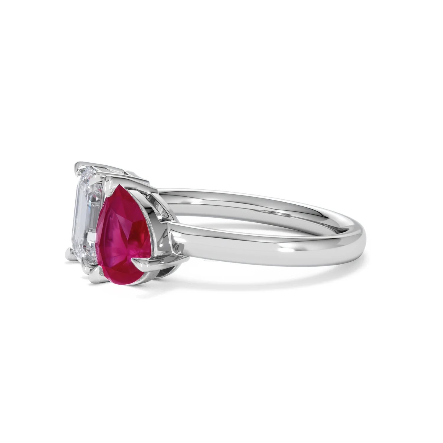 Toi Et Moi 1.50ct Emerald Cut Lab Diamond and 1.50ct Pear Lab Ruby Engagement Ring in Platinum - Image 76