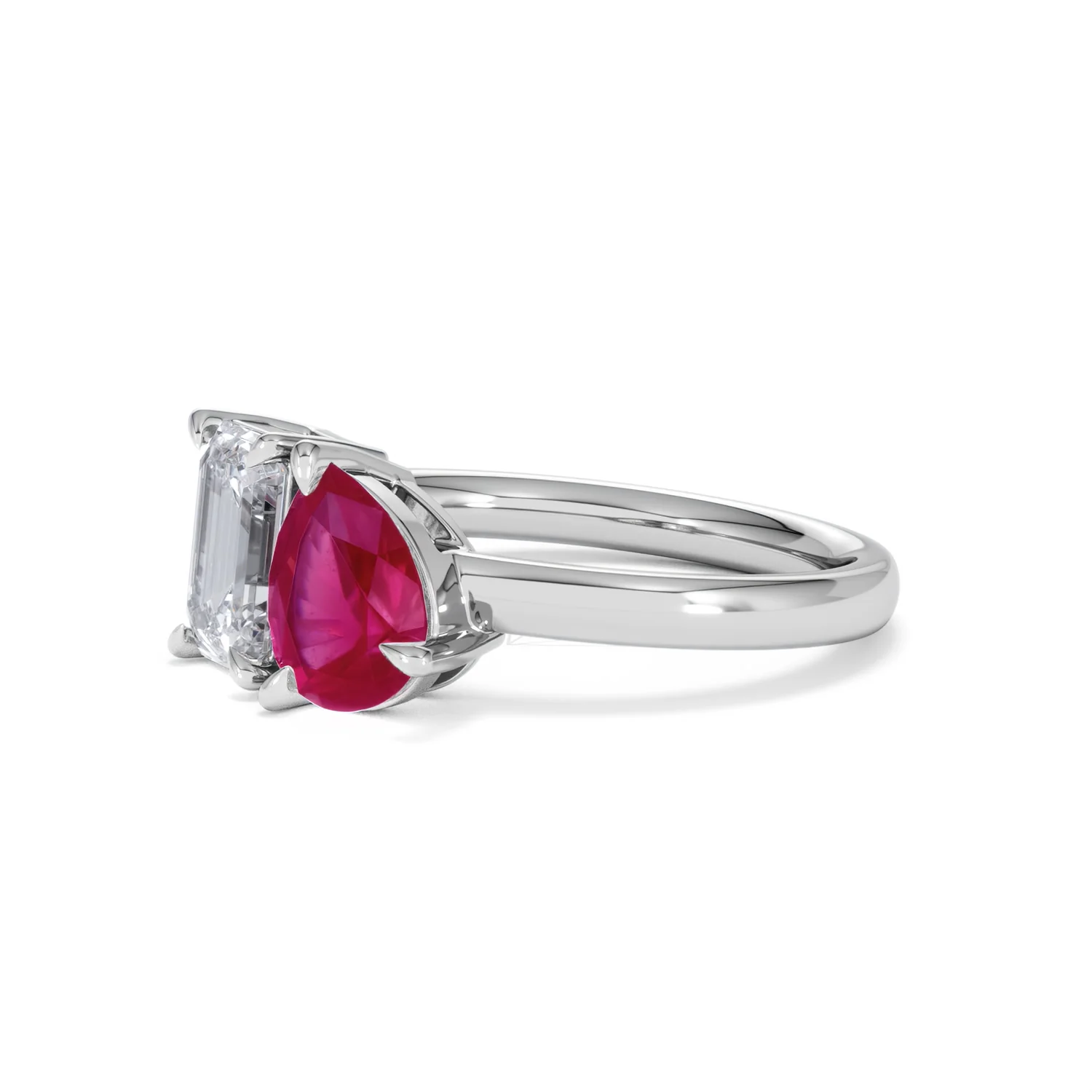 Toi Et Moi 1.50ct Emerald Cut Lab Diamond and 1.50ct Pear Lab Ruby Engagement Ring in Platinum - Image 78