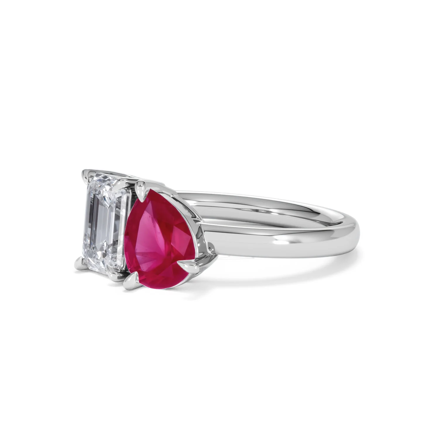 Toi Et Moi 1.50ct Emerald Cut Lab Diamond and 1.50ct Pear Lab Ruby Engagement Ring in Platinum - Image 80