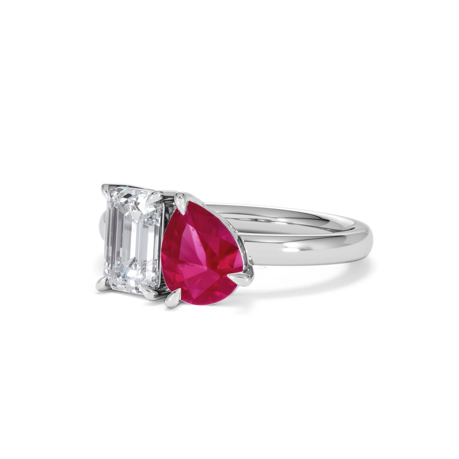 Toi Et Moi 1.50ct Emerald Cut Lab Diamond and 1.50ct Pear Lab Ruby Engagement Ring in Platinum - Image 83