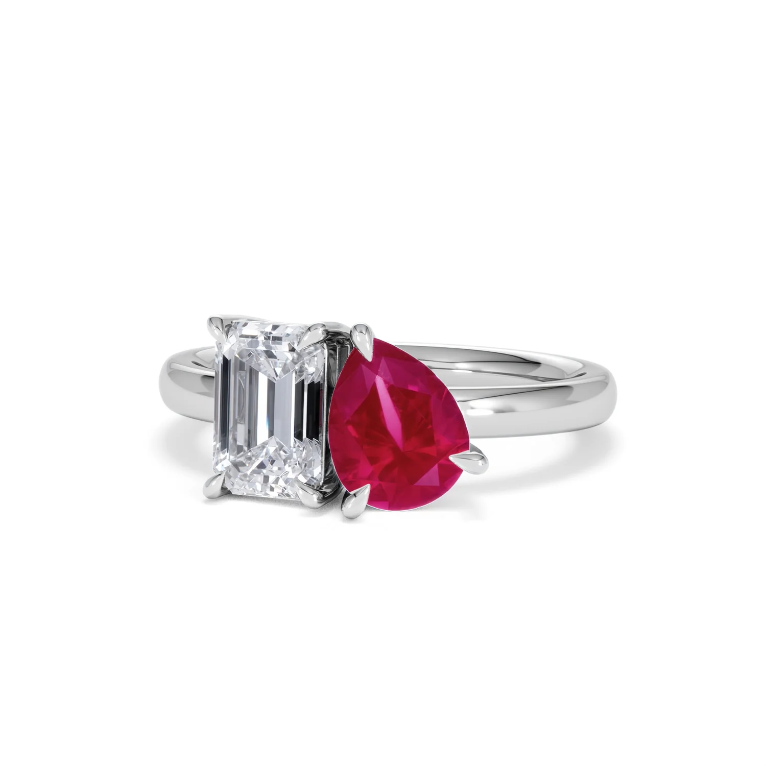 Toi Et Moi 1.50ct Emerald Cut Lab Diamond and 1.50ct Pear Lab Ruby Engagement Ring in Platinum - Image 86