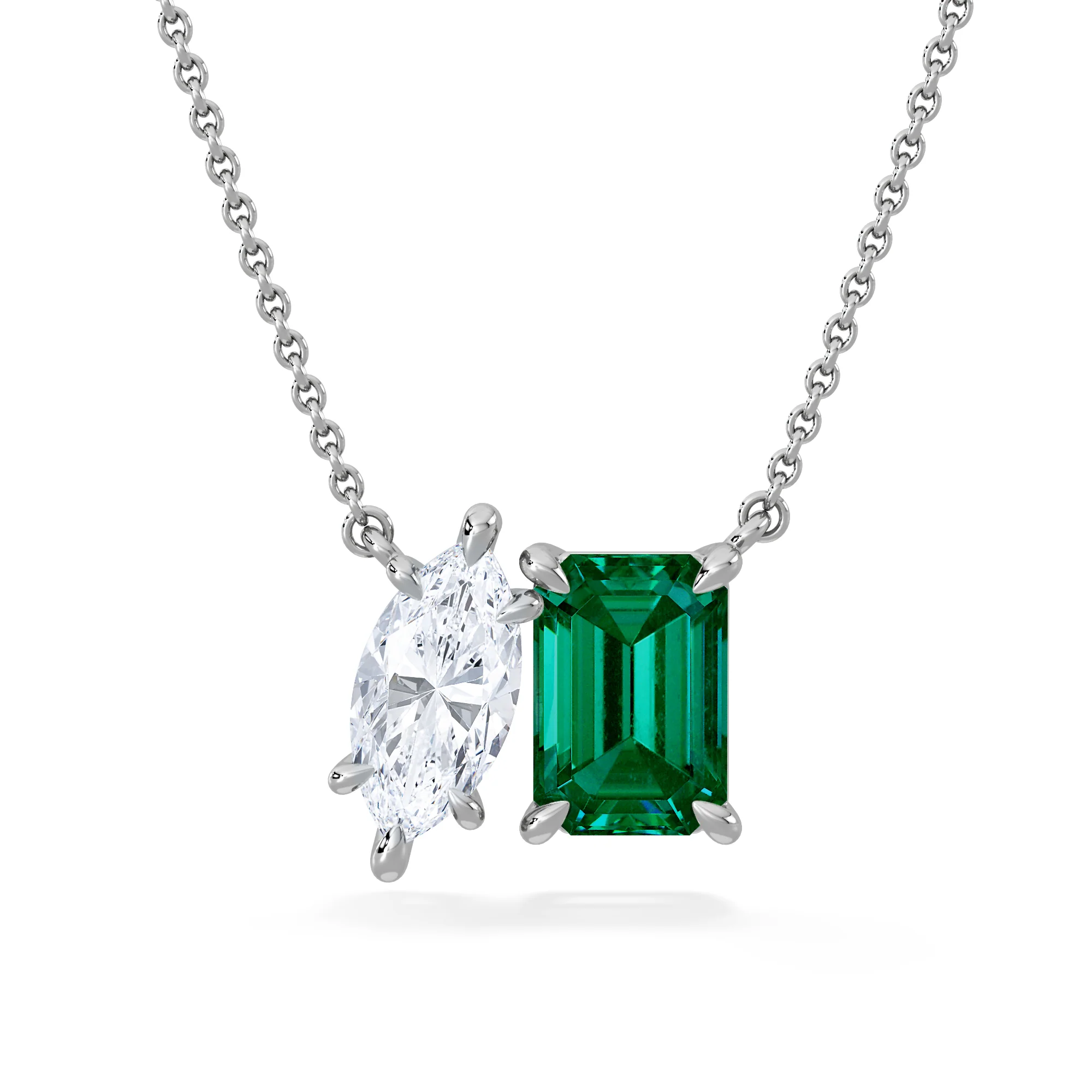Toi Et Moi 1.50ct Marquise Lab Diamond and 2.50ct Emerald Cut Lab Emerald Necklace in 18K White Gold