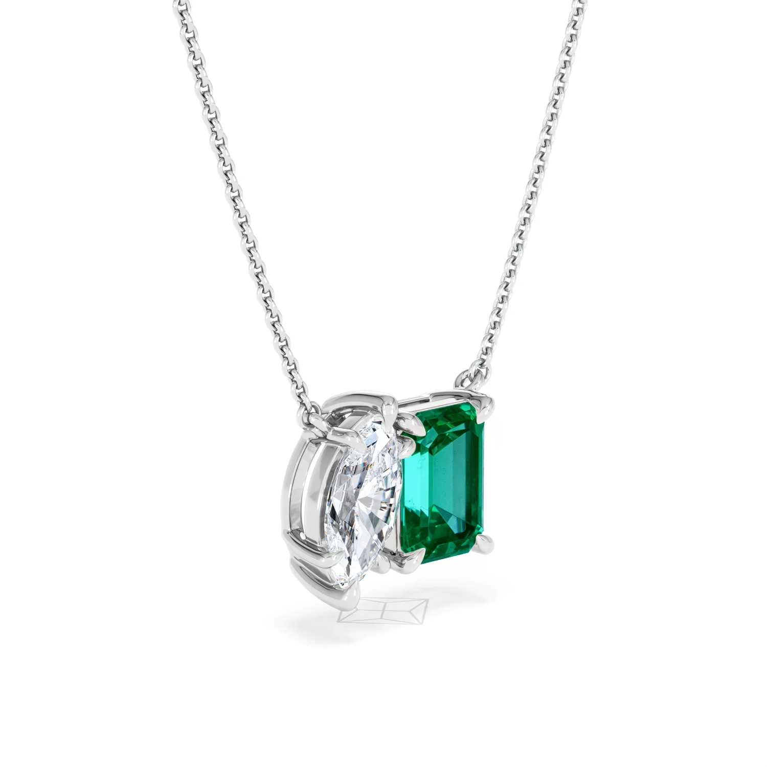 Toi Et Moi 1.50ct Marquise Lab Diamond and 2.50ct Emerald Cut Lab Emerald Necklace in 18K White Gold - Image 18