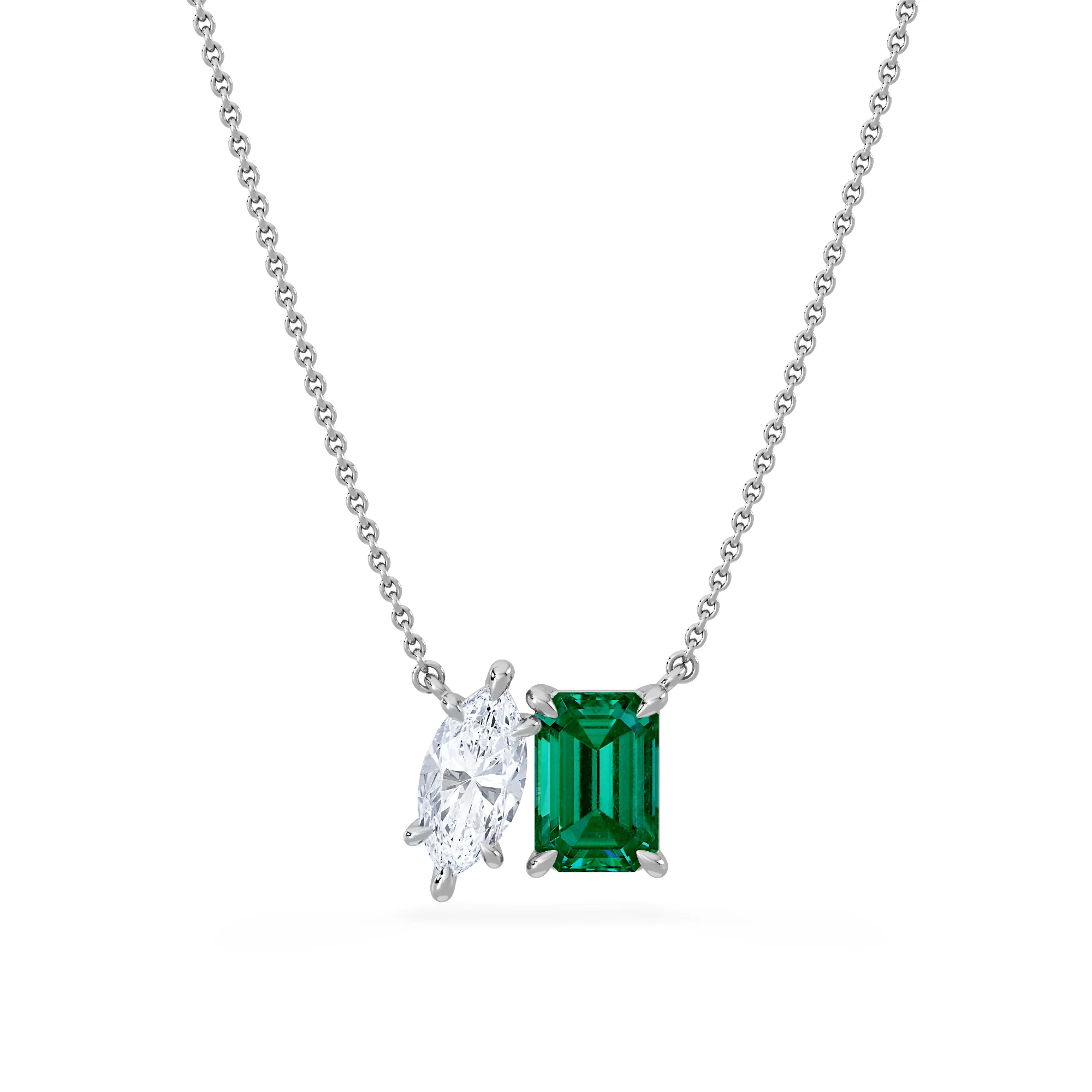 Toi Et Moi 1.50ct Marquise Lab Diamond and 2.50ct Emerald Cut Lab Emerald Necklace in 18K White Gold - Image 3