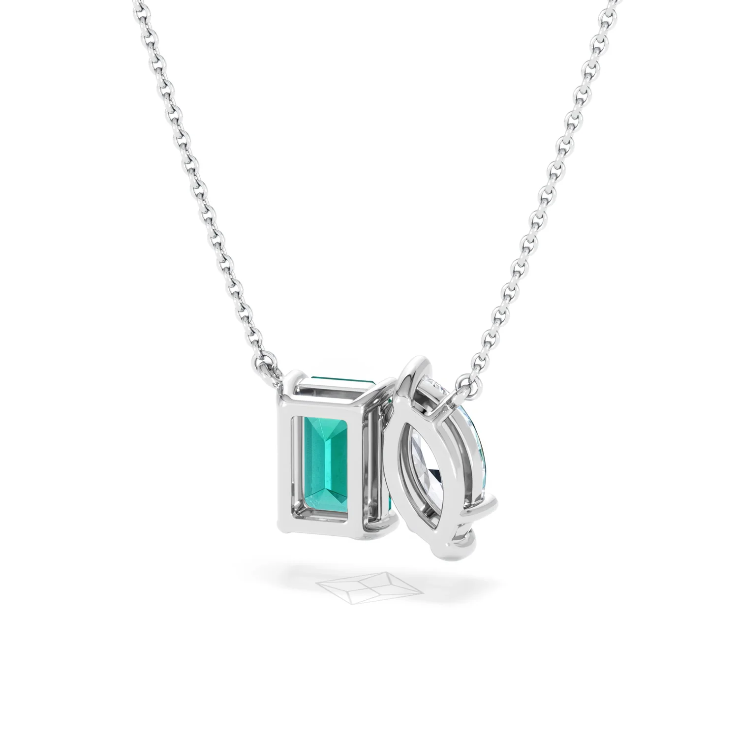 Toi Et Moi 1.50ct Marquise Lab Diamond and 2.50ct Emerald Cut Lab Emerald Necklace in 18K White Gold - Image 45