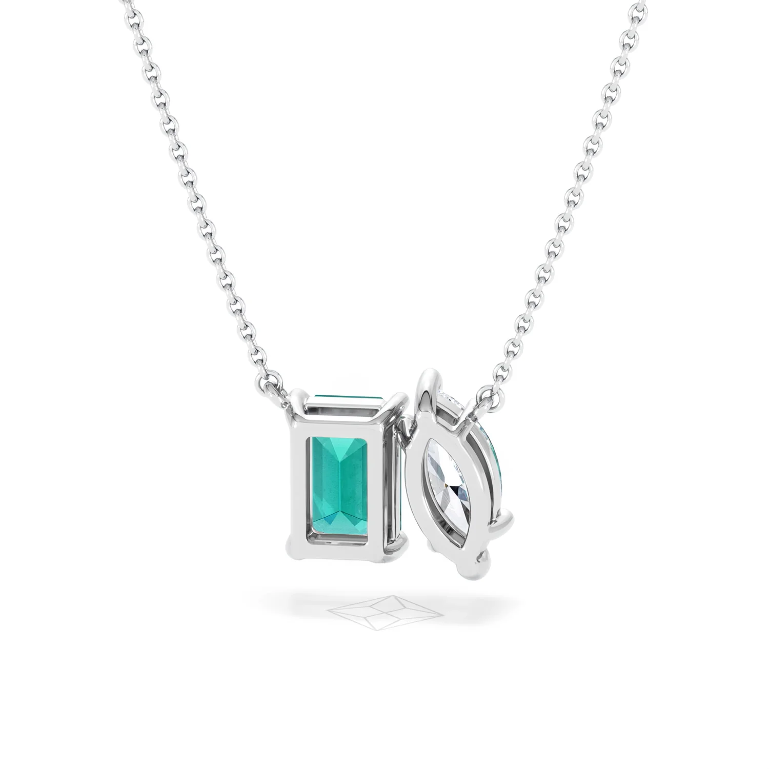 Toi Et Moi 1.50ct Marquise Lab Diamond and 2.50ct Emerald Cut Lab Emerald Necklace in 18K White Gold - Image 47