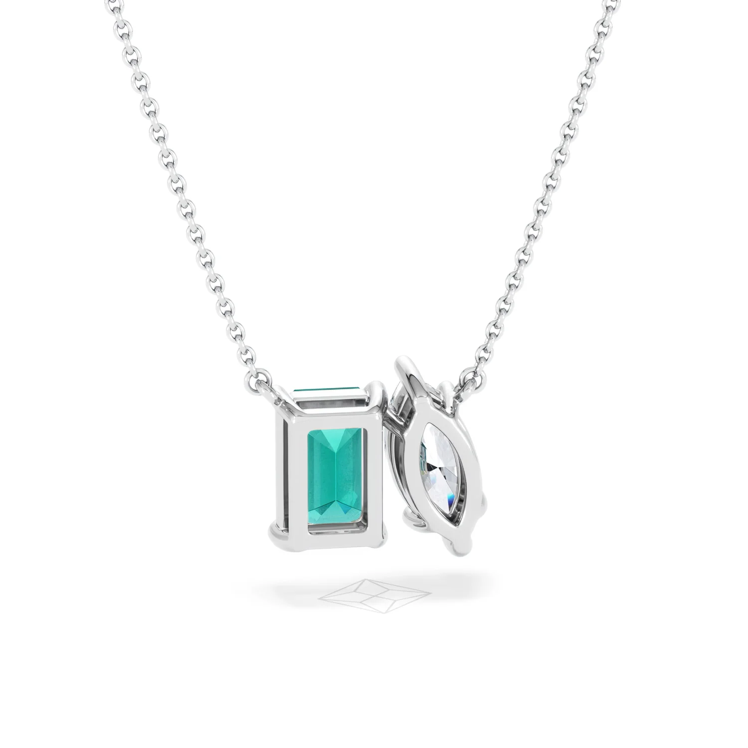 Toi Et Moi 1.50ct Marquise Lab Diamond and 2.50ct Emerald Cut Lab Emerald Necklace in 18K White Gold - Image 51