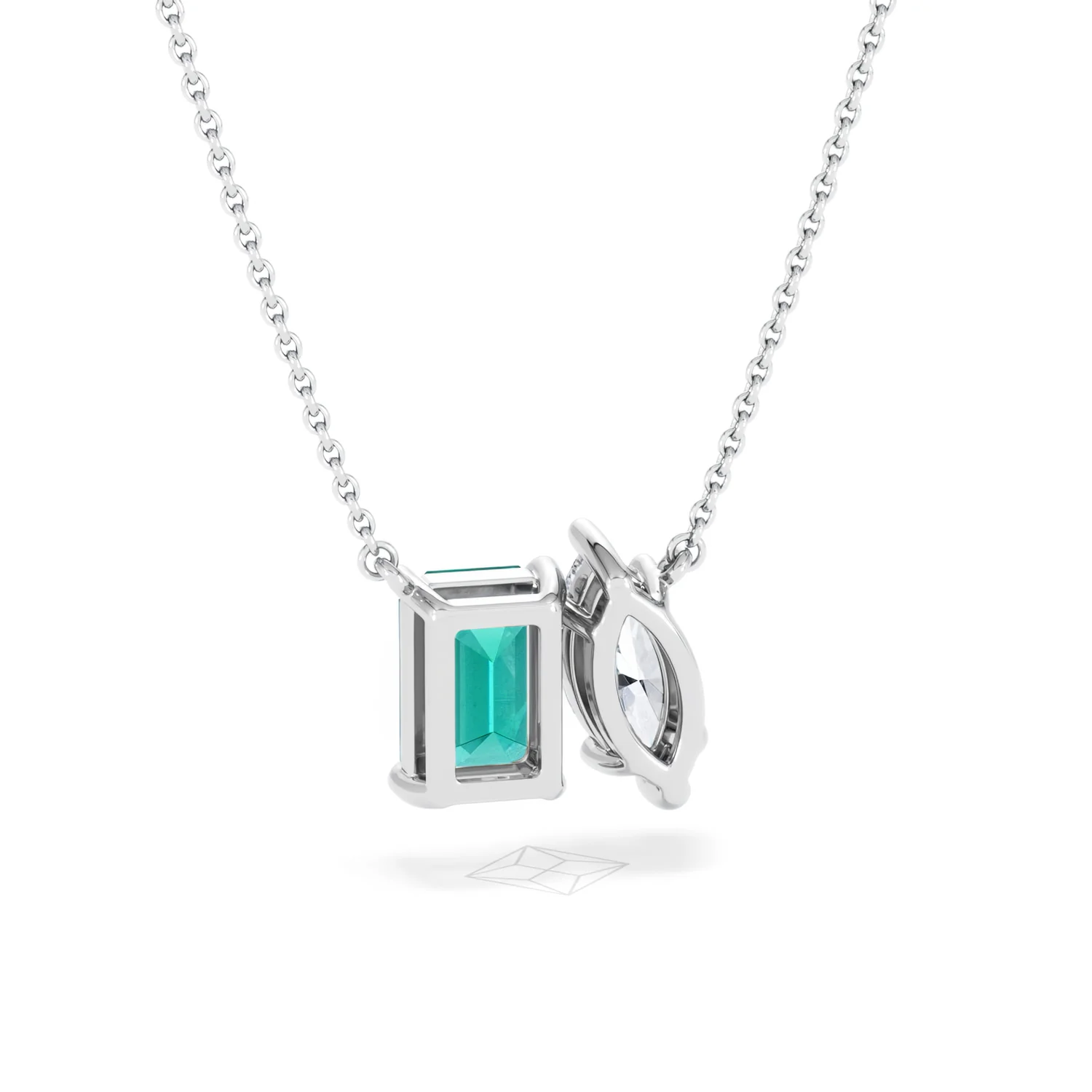 Toi Et Moi 1.50ct Marquise Lab Diamond and 2.50ct Emerald Cut Lab Emerald Necklace in 18K White Gold - Image 52