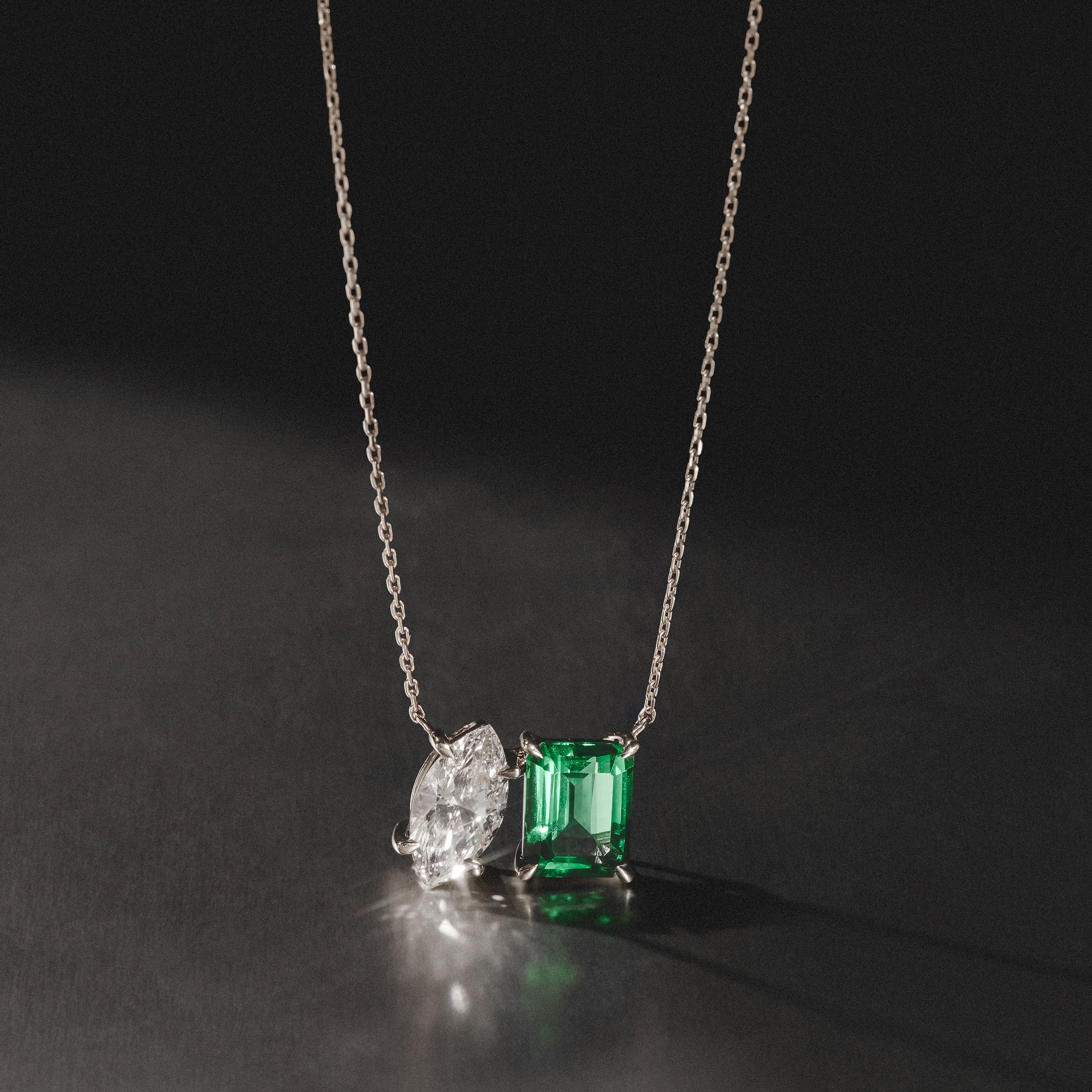 Toi Et Moi 1.50ct Marquise Lab Diamond and 2.50ct Emerald Cut Lab Emerald Necklace in 18K White Gold - Image 8