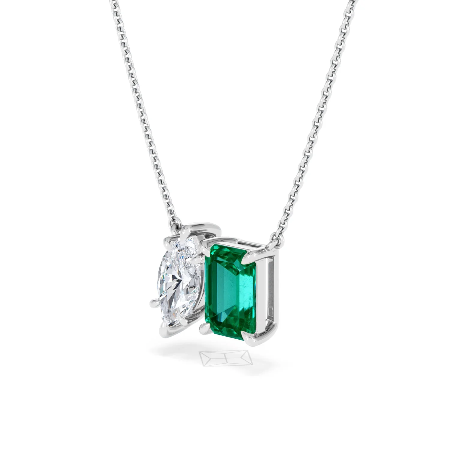 Toi Et Moi 1.50ct Marquise Lab Diamond and 2.50ct Emerald Cut Lab Emerald Necklace in 18K White Gold - Image 80