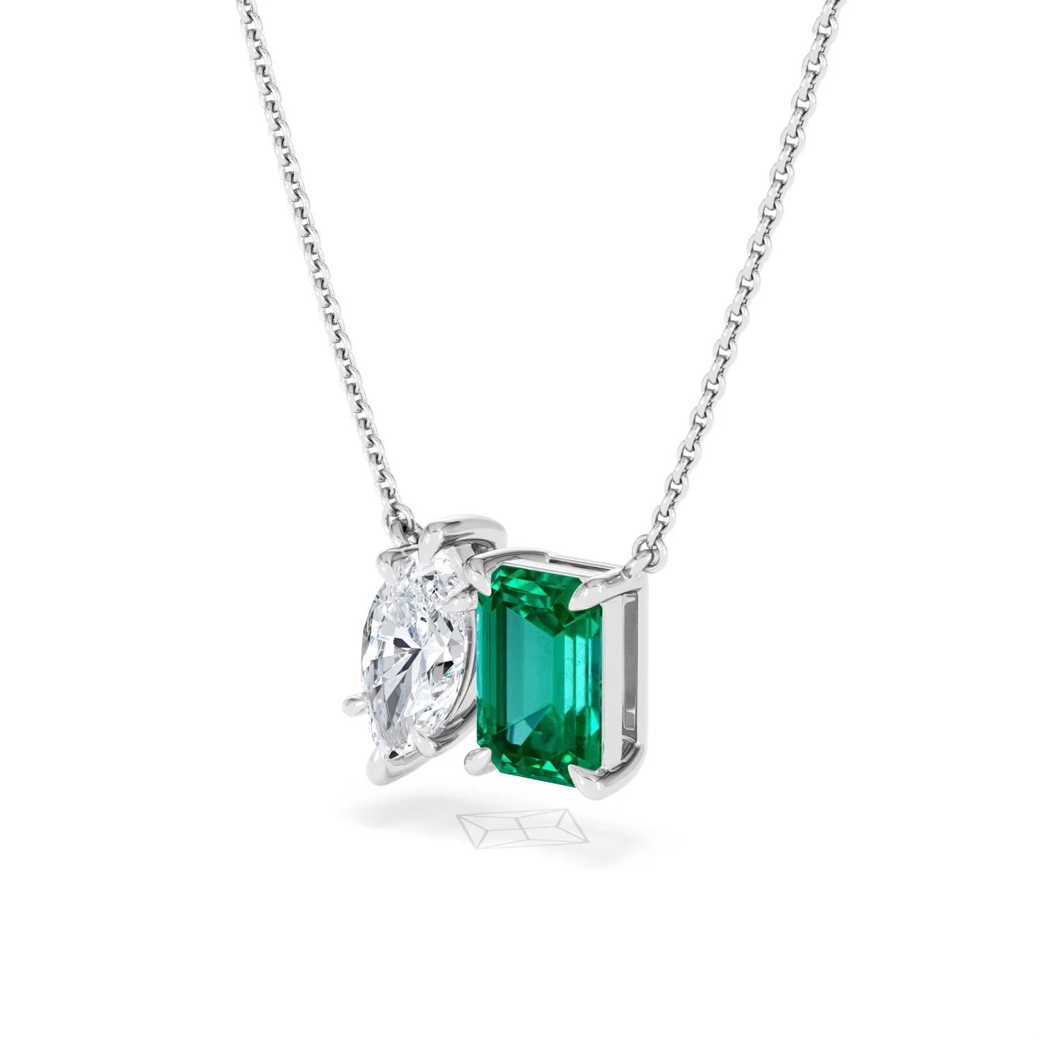 Toi Et Moi 1.50ct Marquise Lab Diamond and 2.50ct Emerald Cut Lab Emerald Necklace in 18K White Gold - Image 81