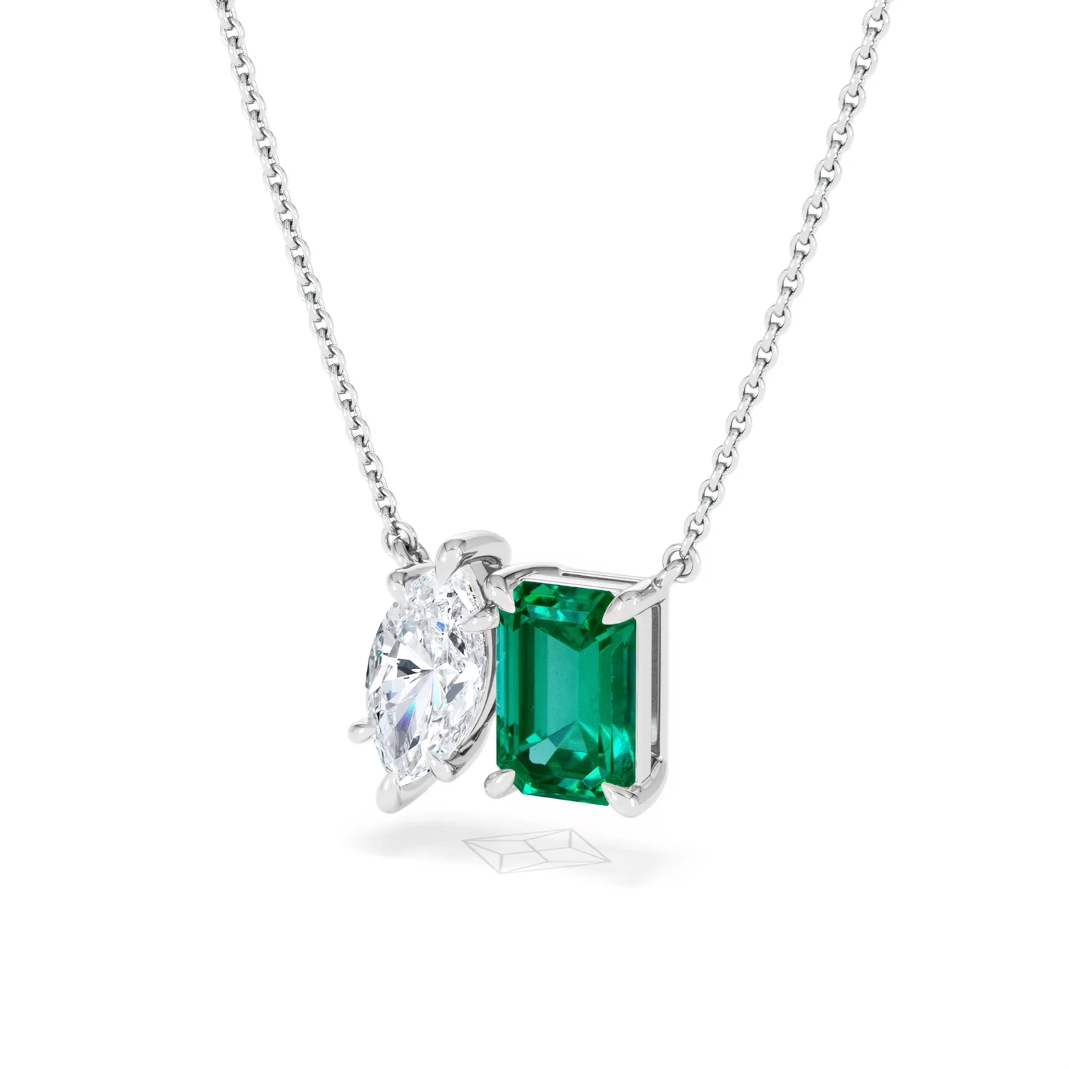 Toi Et Moi 1.50ct Marquise Lab Diamond and 2.50ct Emerald Cut Lab Emerald Necklace in 18K White Gold - Image 83