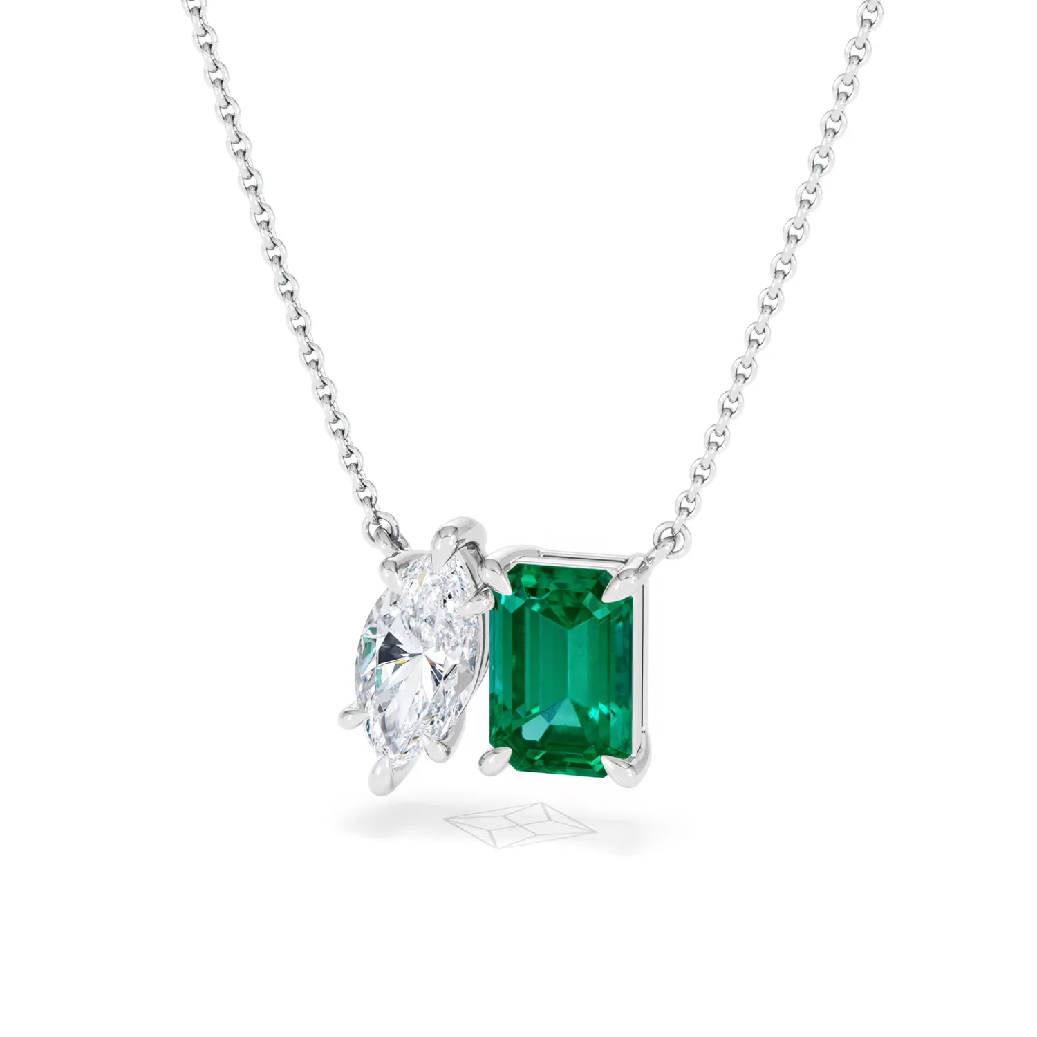 Toi Et Moi 1.50ct Marquise Lab Diamond and 2.50ct Emerald Cut Lab Emerald Necklace in 18K White Gold - Image 85