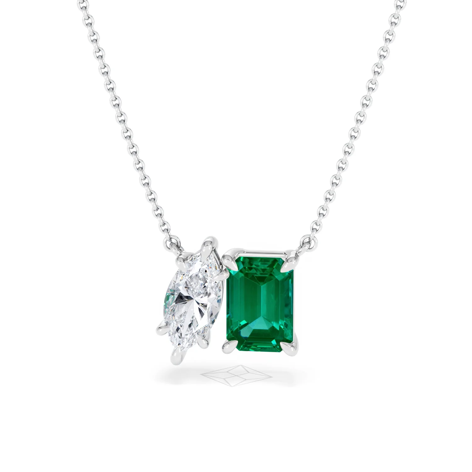 Toi Et Moi 1.50ct Marquise Lab Diamond and 2.50ct Emerald Cut Lab Emerald Necklace in 18K White Gold - Image 87