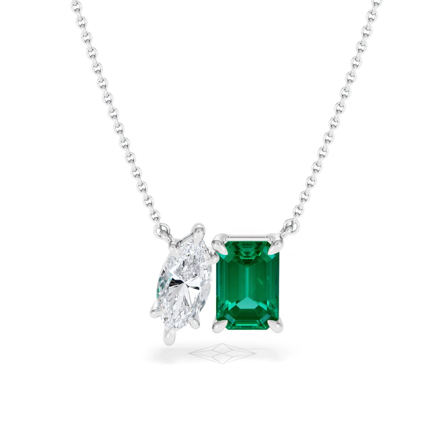 Toi Et Moi 1.50ct Marquise Lab Diamond and 2.50ct Emerald Cut Lab Emerald Necklace in 18K White Gold - Image 9