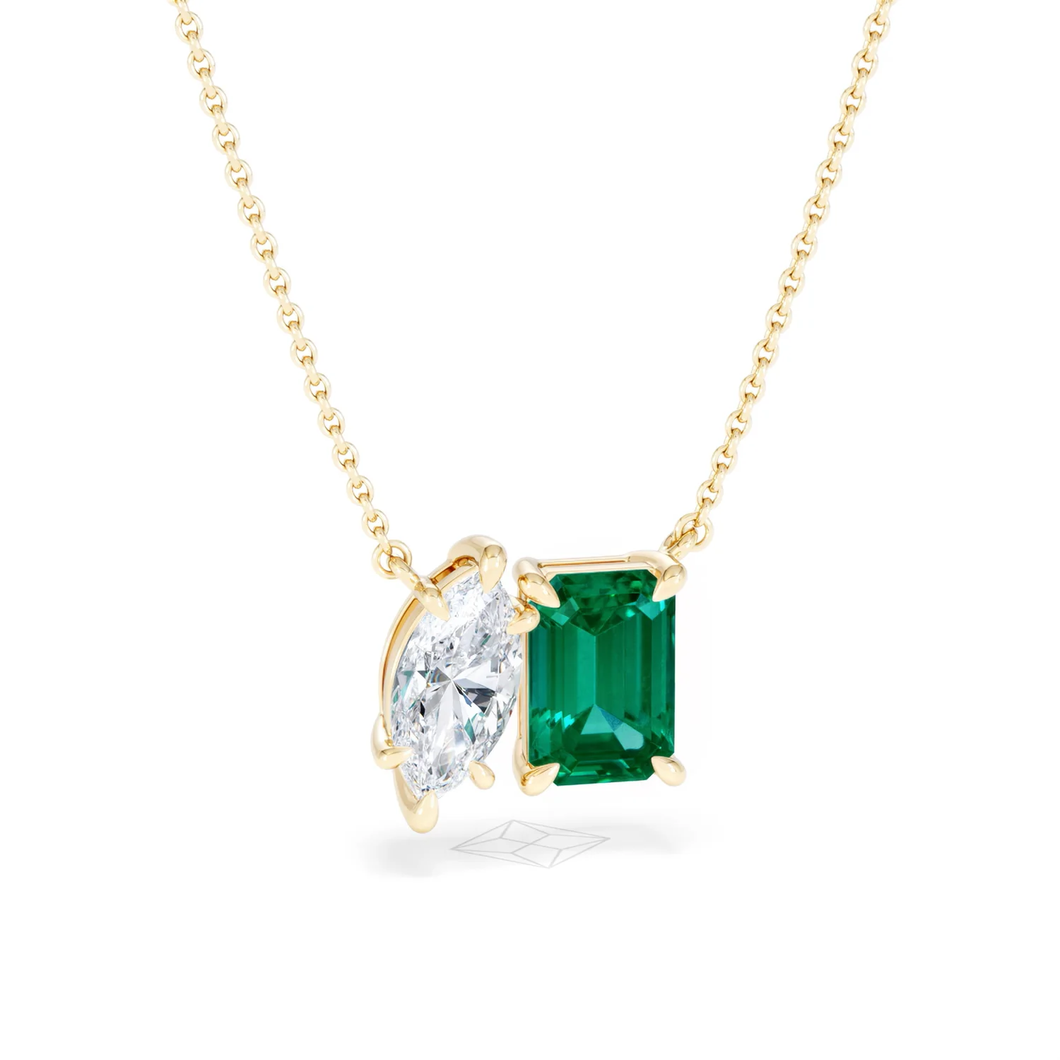 Toi Et Moi 1.50ct Marquise Lab Diamond and 2.50ct Emerald Cut Lab Emerald Necklace in 18K Yellow Gold - Image 12