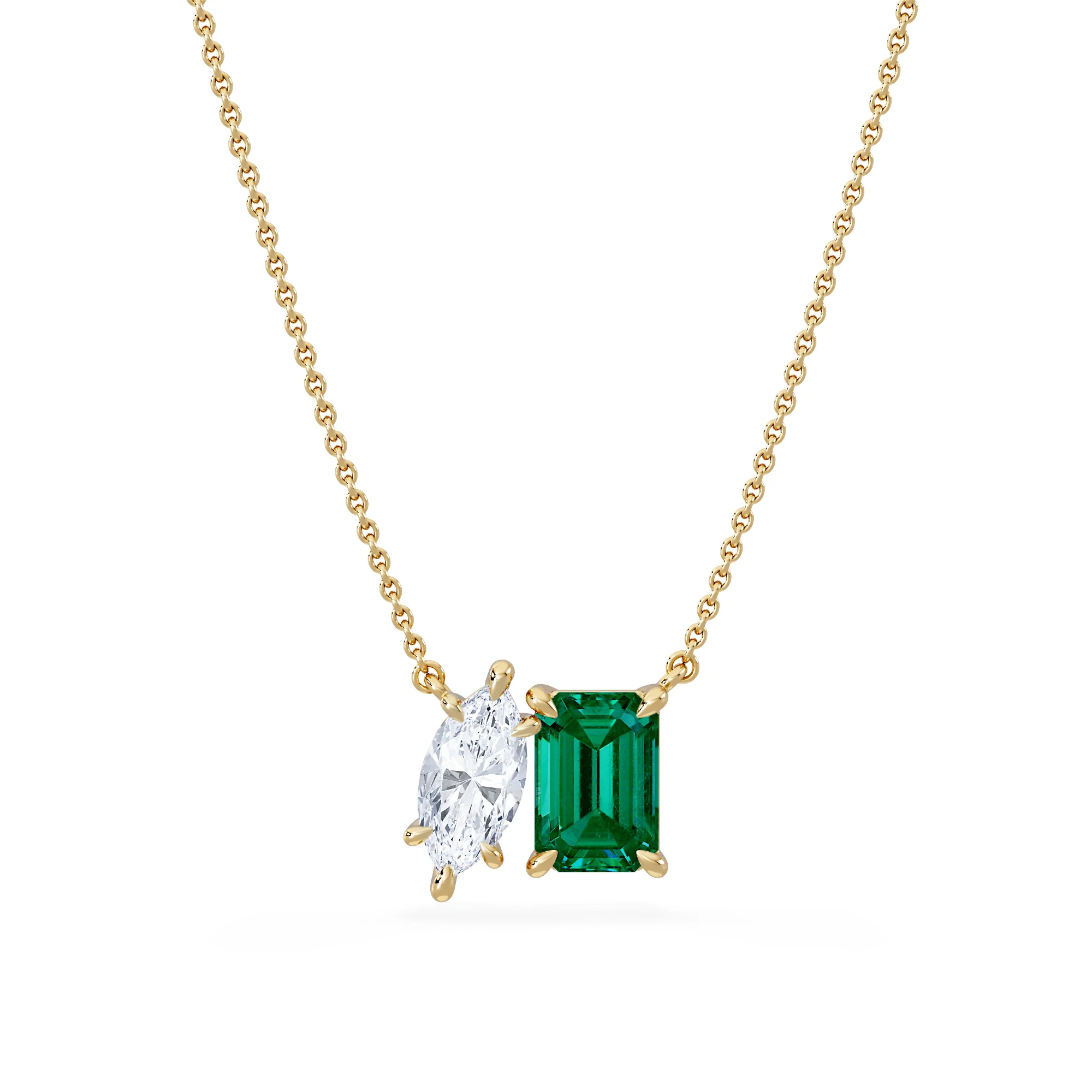 Toi Et Moi 1.50ct Marquise Lab Diamond and 2.50ct Emerald Cut Lab Emerald Necklace in 18K Yellow Gold - Image 3