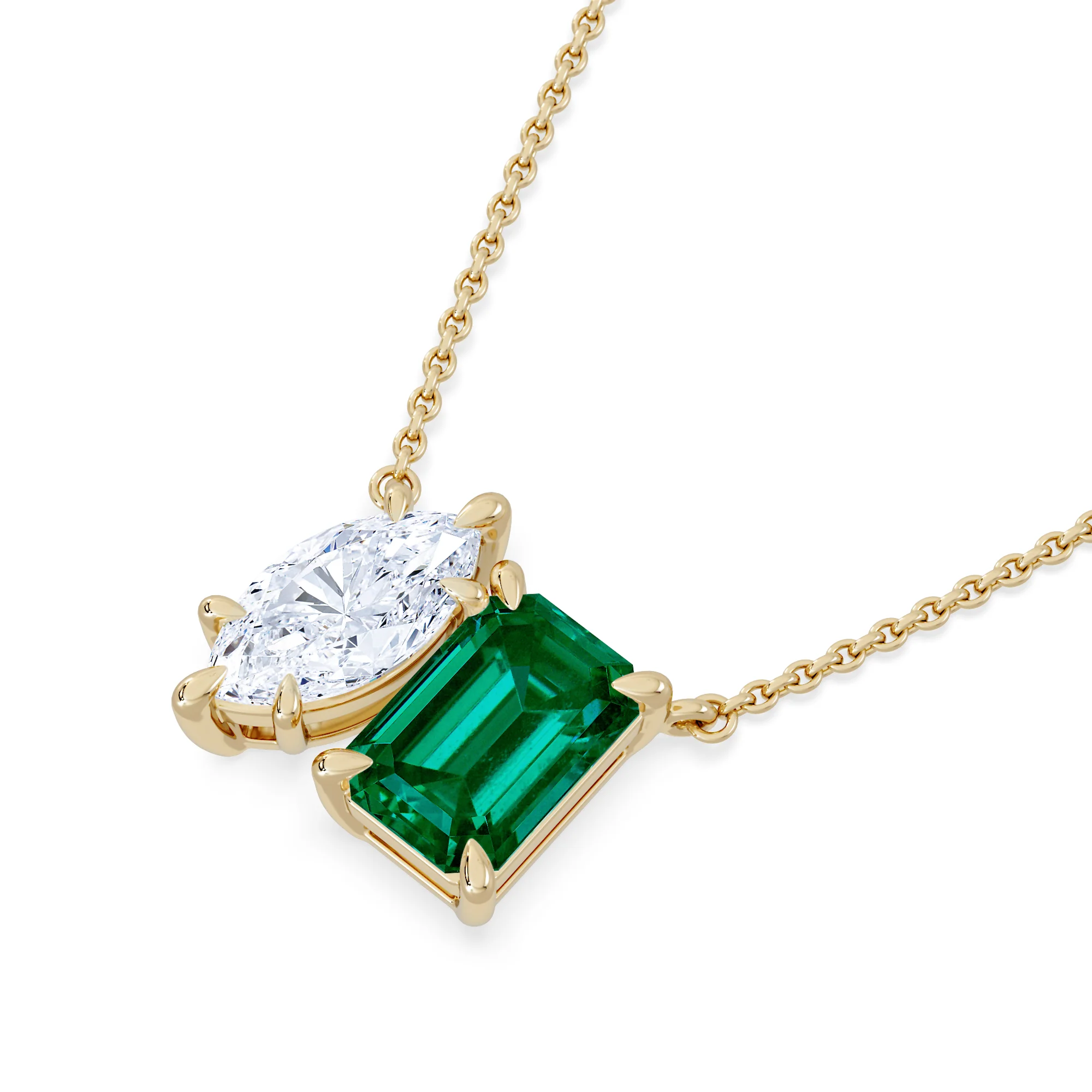 Toi Et Moi 1.50ct Marquise Lab Diamond and 2.50ct Emerald Cut Lab Emerald Necklace in 18K Yellow Gold - Image 5