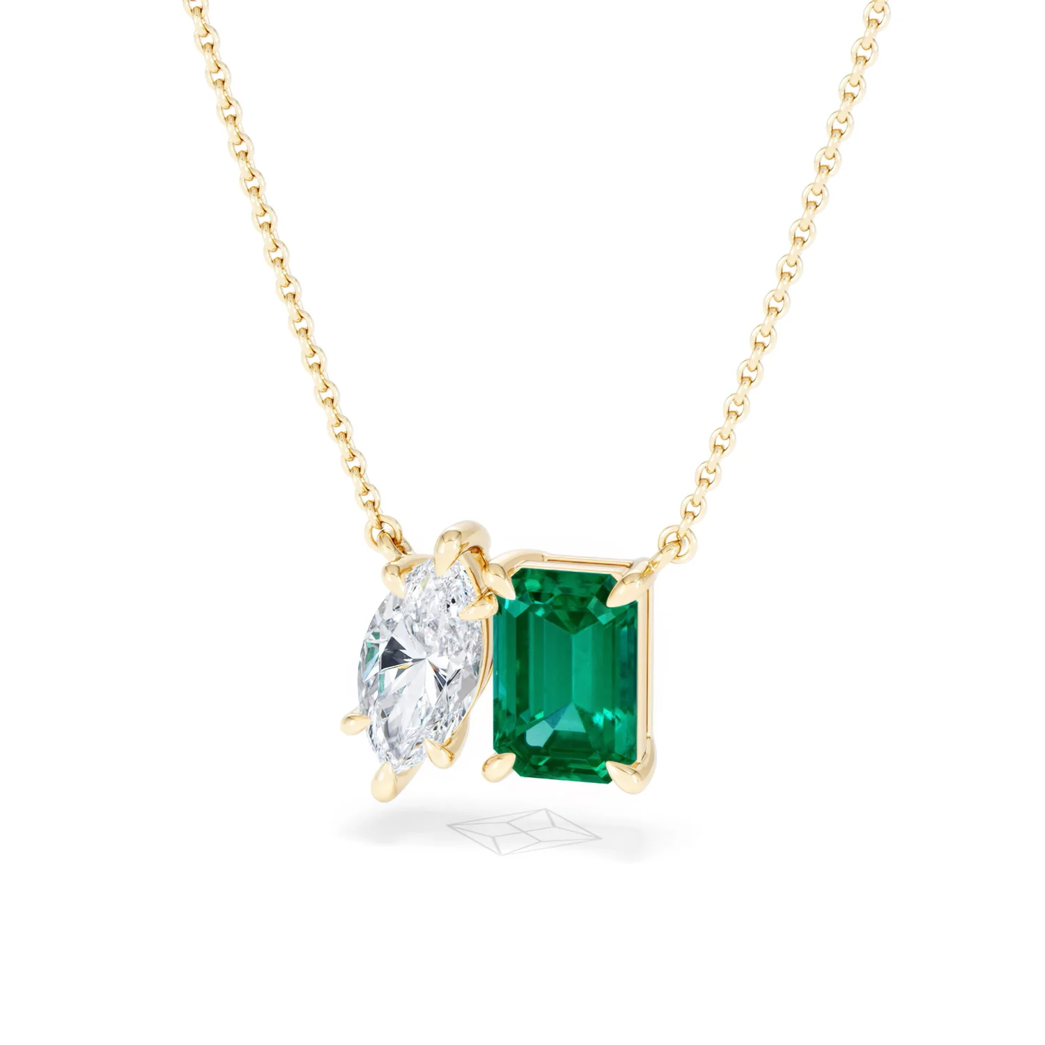 Toi Et Moi 1.50ct Marquise Lab Diamond and 2.50ct Emerald Cut Lab Emerald Necklace in 18K Yellow Gold - Image 85