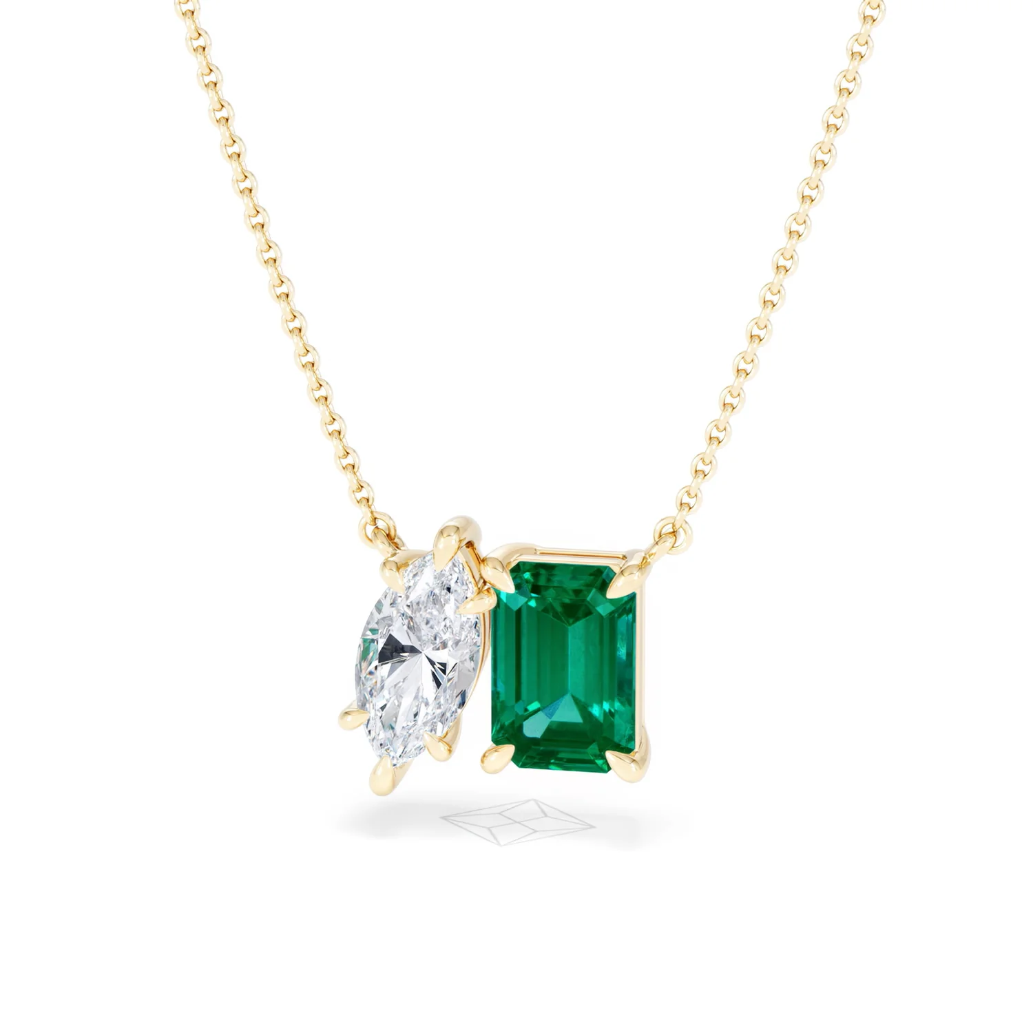 Toi Et Moi 1.50ct Marquise Lab Diamond and 2.50ct Emerald Cut Lab Emerald Necklace in 18K Yellow Gold - Image 86