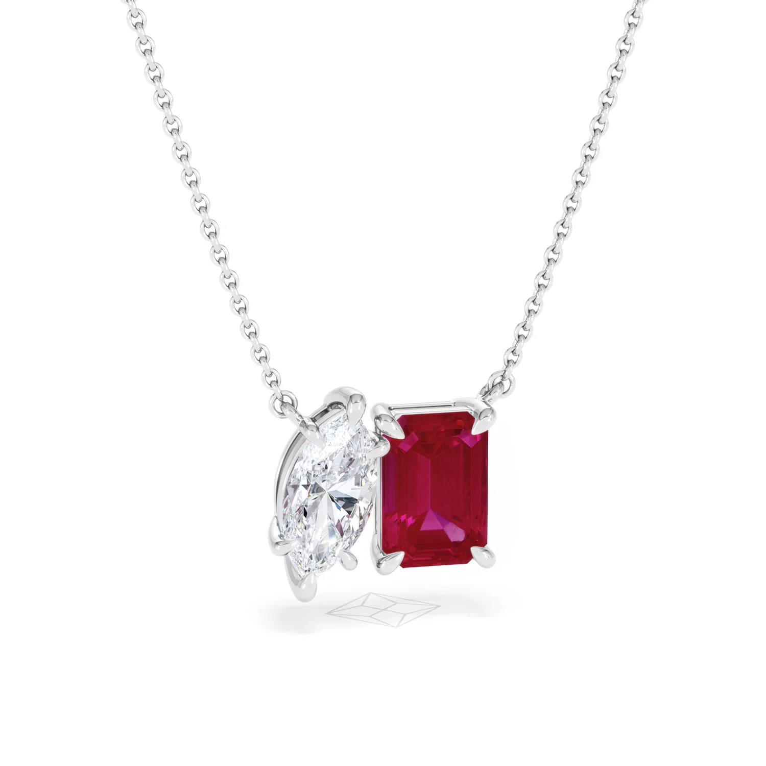 Toi Et Moi 1.50ct Marquise Lab Diamond and 2.50ct Emerald Cut Lab Ruby Necklace in 18K White Gold - Image 12