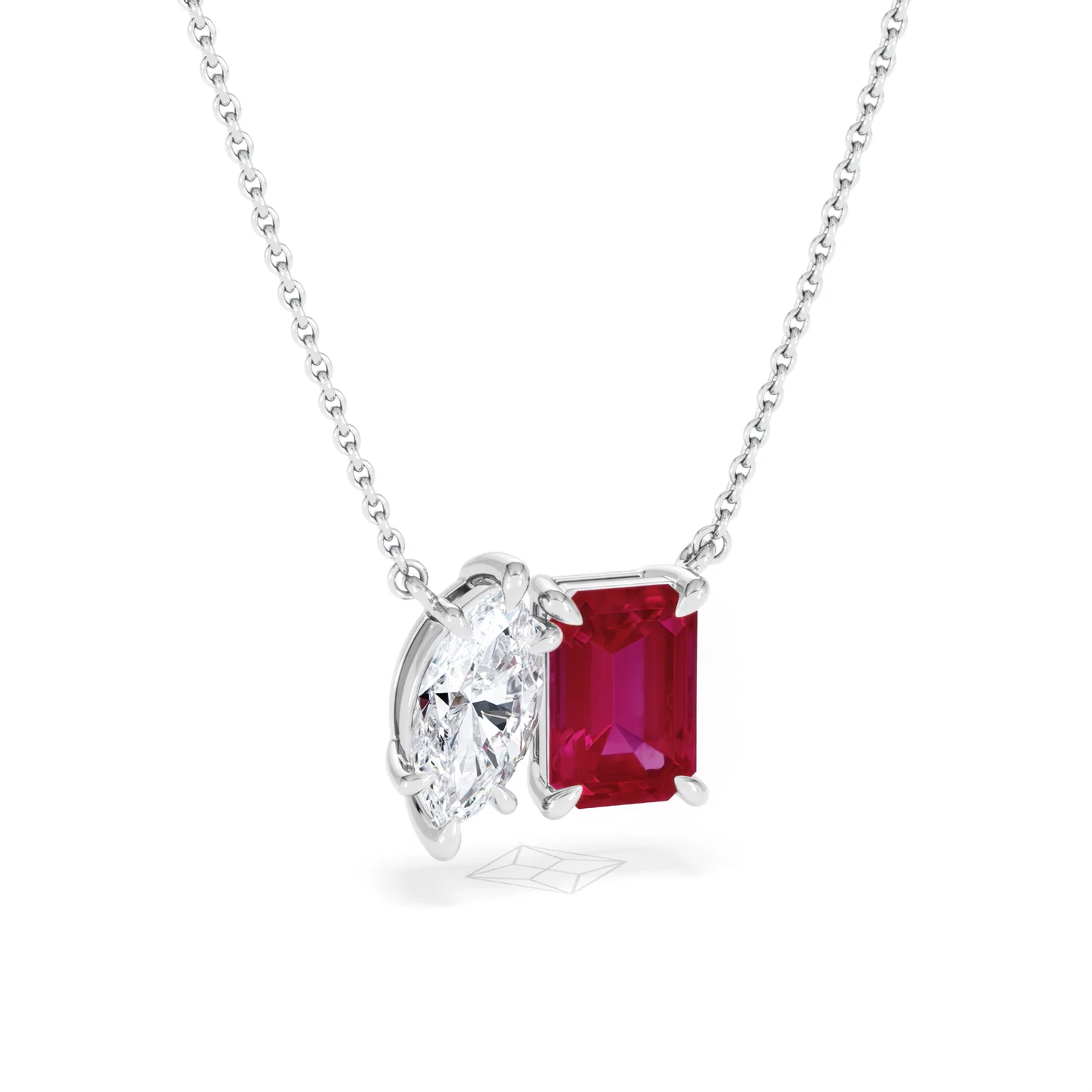 Toi Et Moi 1.50ct Marquise Lab Diamond and 2.50ct Emerald Cut Lab Ruby Necklace in 18K White Gold - Image 13