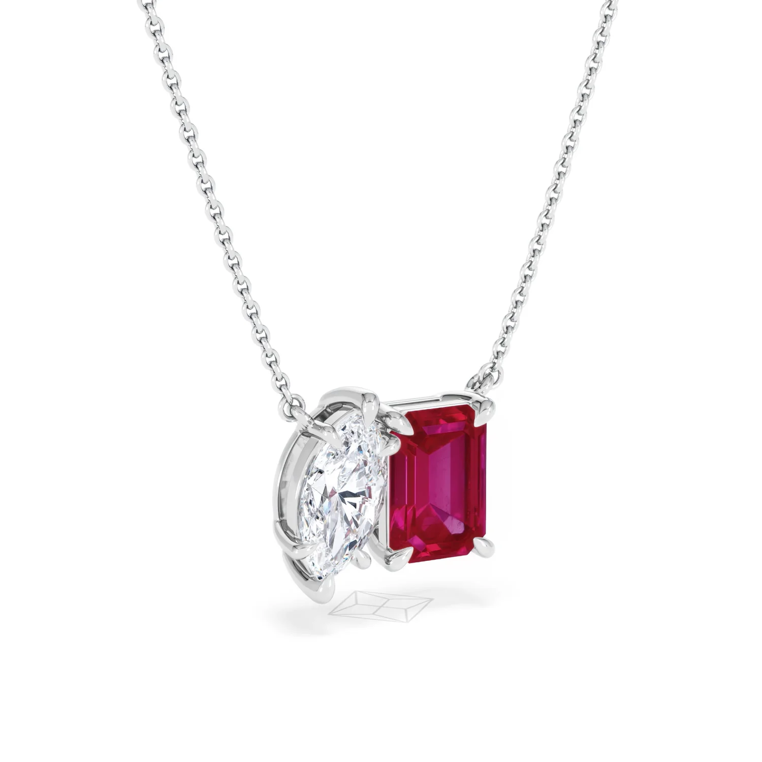 Toi Et Moi 1.50ct Marquise Lab Diamond and 2.50ct Emerald Cut Lab Ruby Necklace in 18K White Gold - Image 15