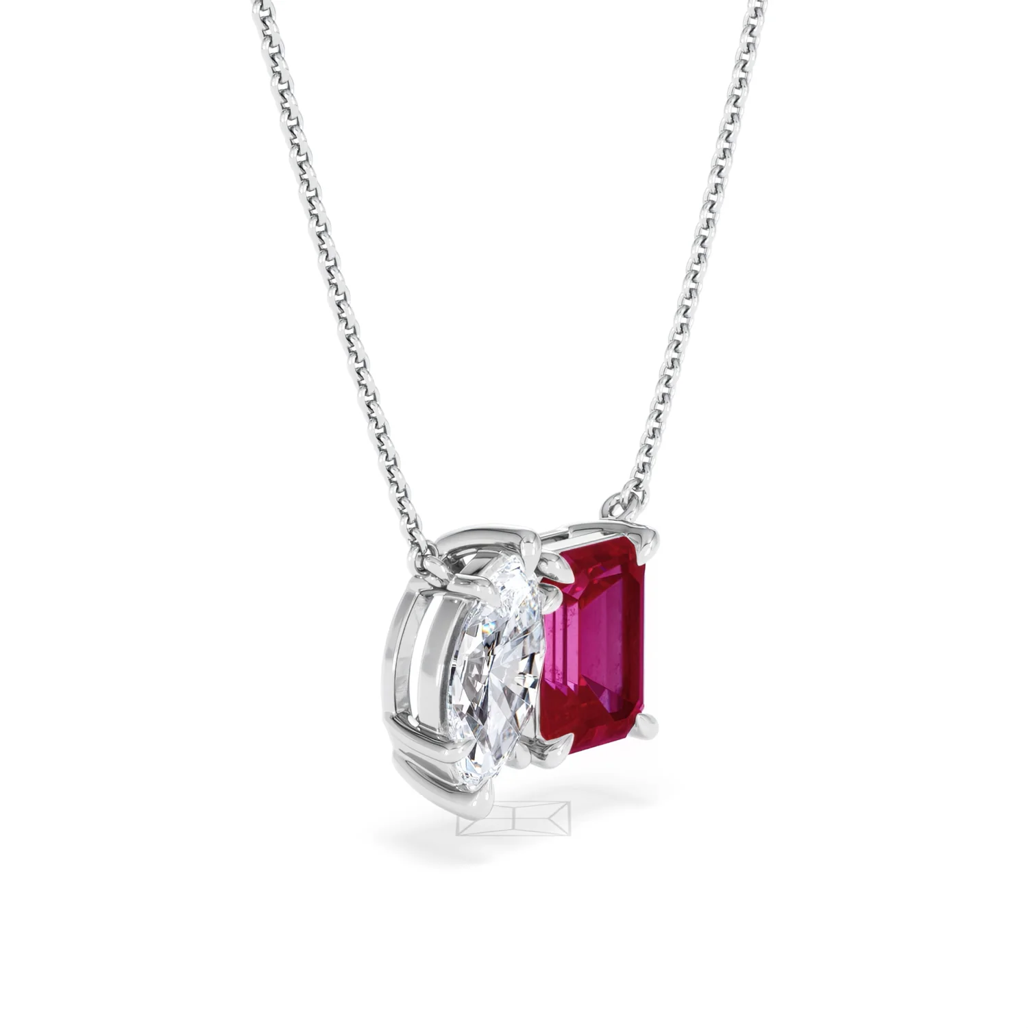 Toi Et Moi 1.50ct Marquise Lab Diamond and 2.50ct Emerald Cut Lab Ruby Necklace in 18K White Gold - Image 19