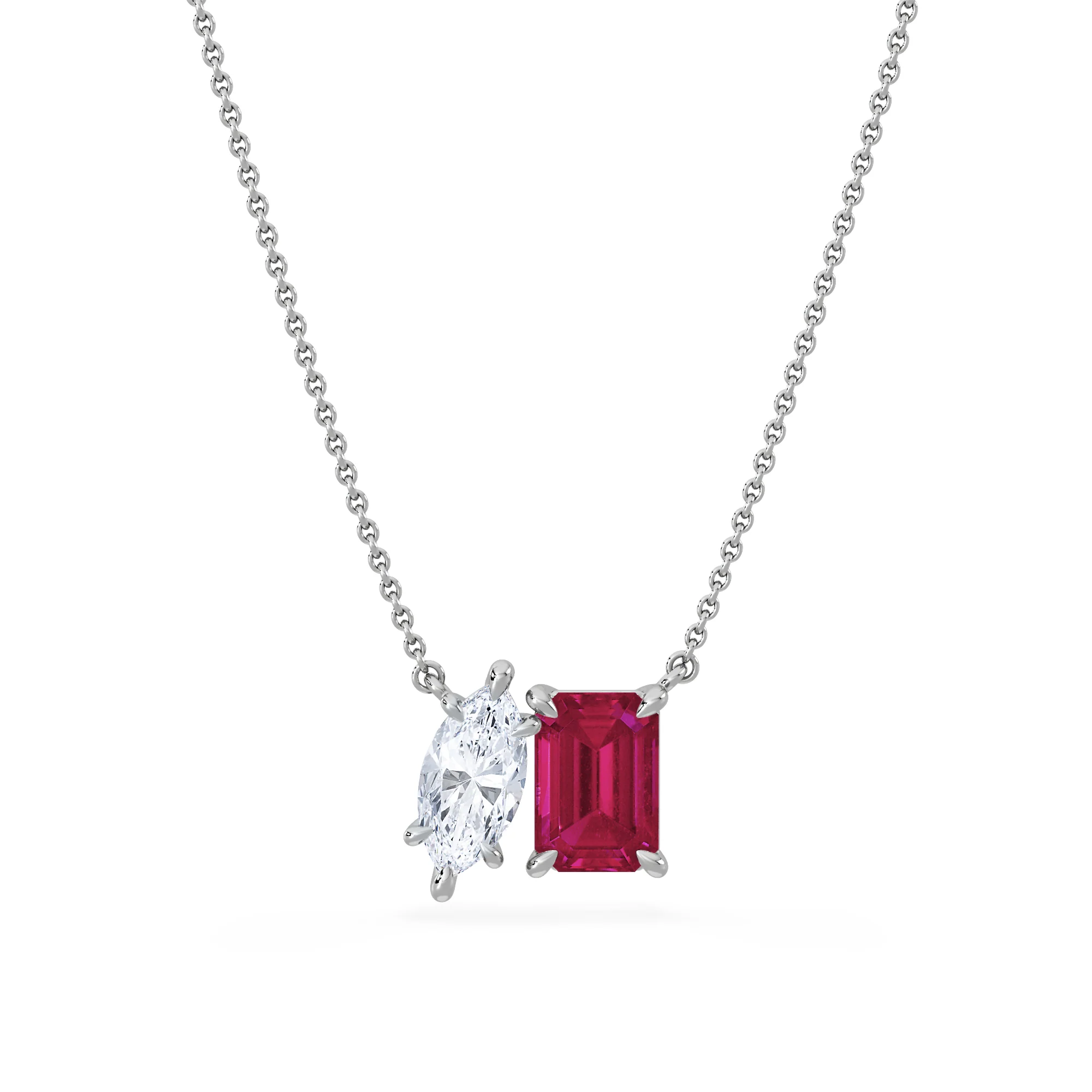Toi Et Moi 1.50ct Marquise Lab Diamond and 2.50ct Emerald Cut Lab Ruby Necklace in 18K White Gold - Image 3