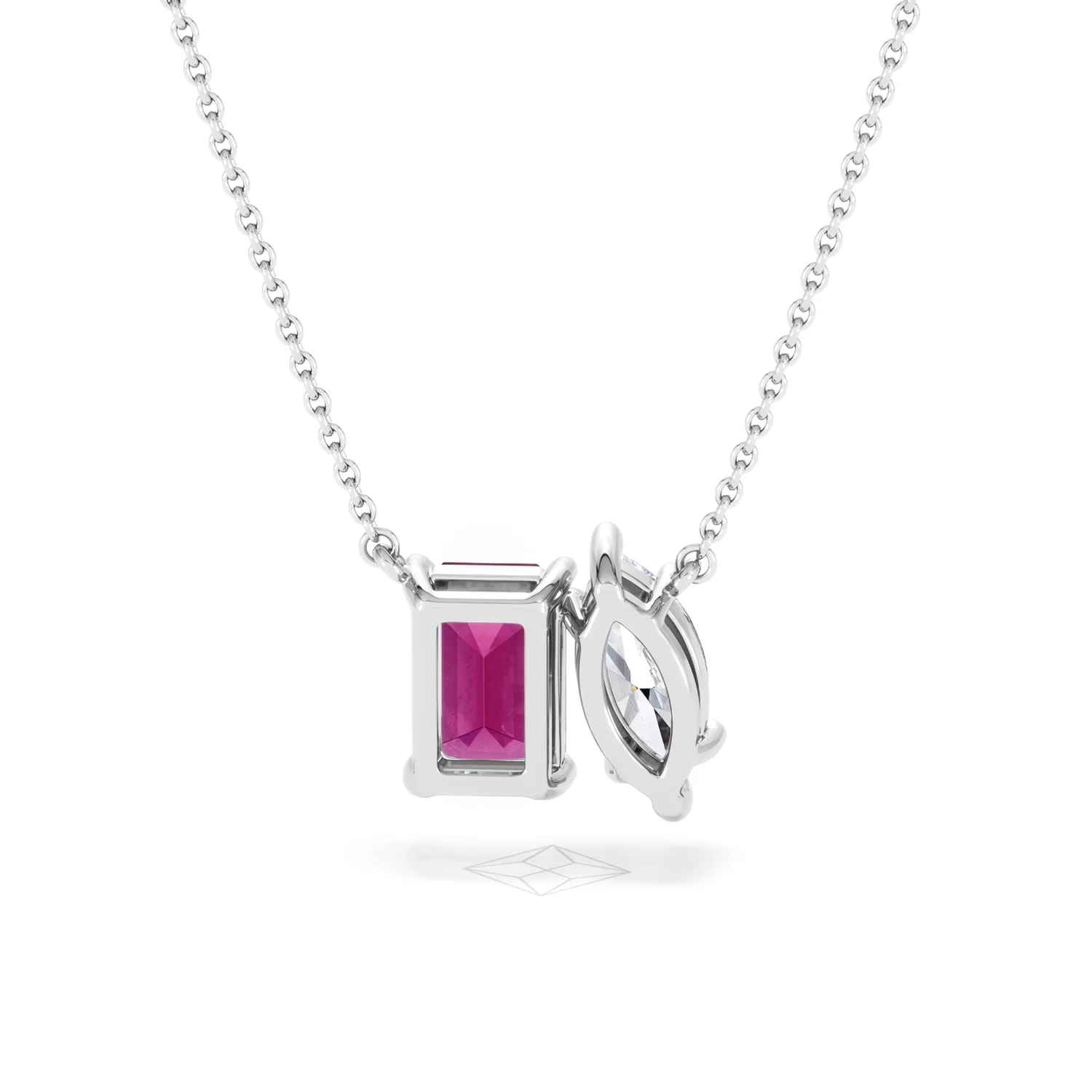 Toi Et Moi 1.50ct Marquise Lab Diamond and 2.50ct Emerald Cut Lab Ruby Necklace in 18K White Gold - Image 48