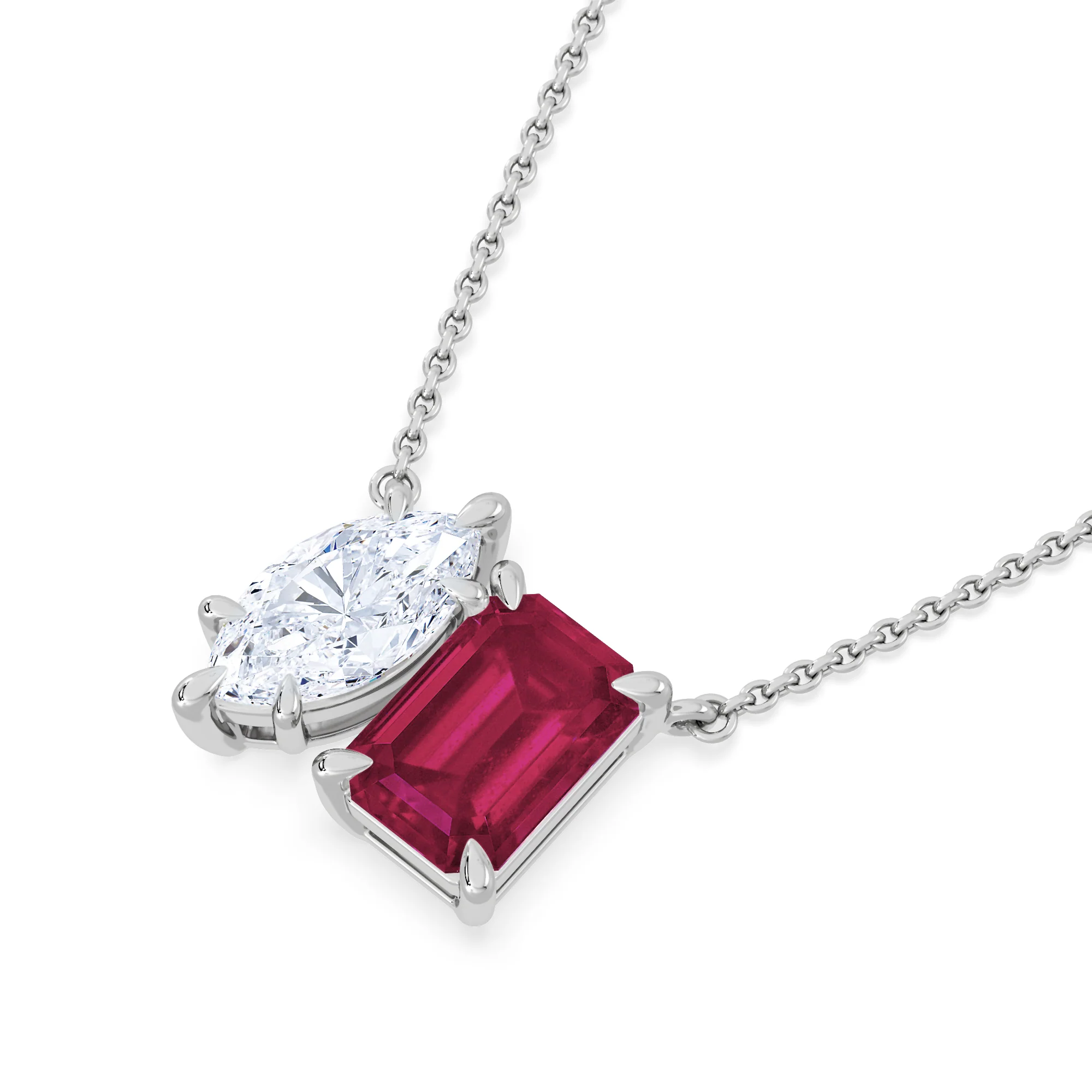 Toi Et Moi 1.50ct Marquise Lab Diamond and 2.50ct Emerald Cut Lab Ruby Necklace in 18K White Gold - Image 5